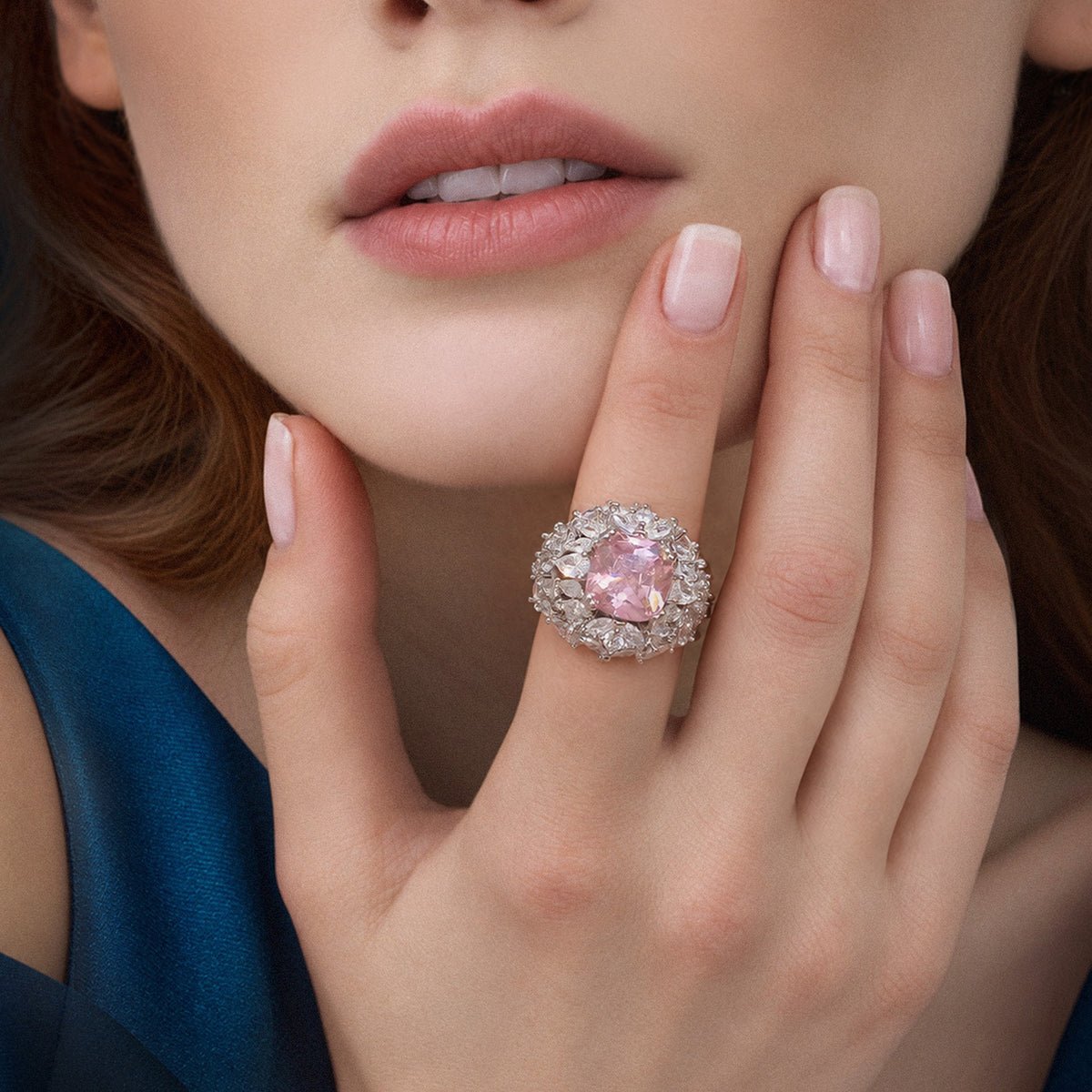 Silver-Tone Pink Cushion Zircon Halo Ring