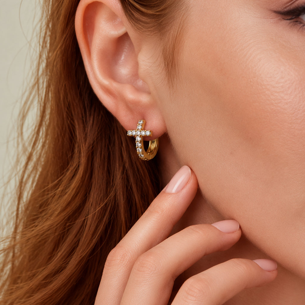Cubic Zirconia Cross Huggie Earrings