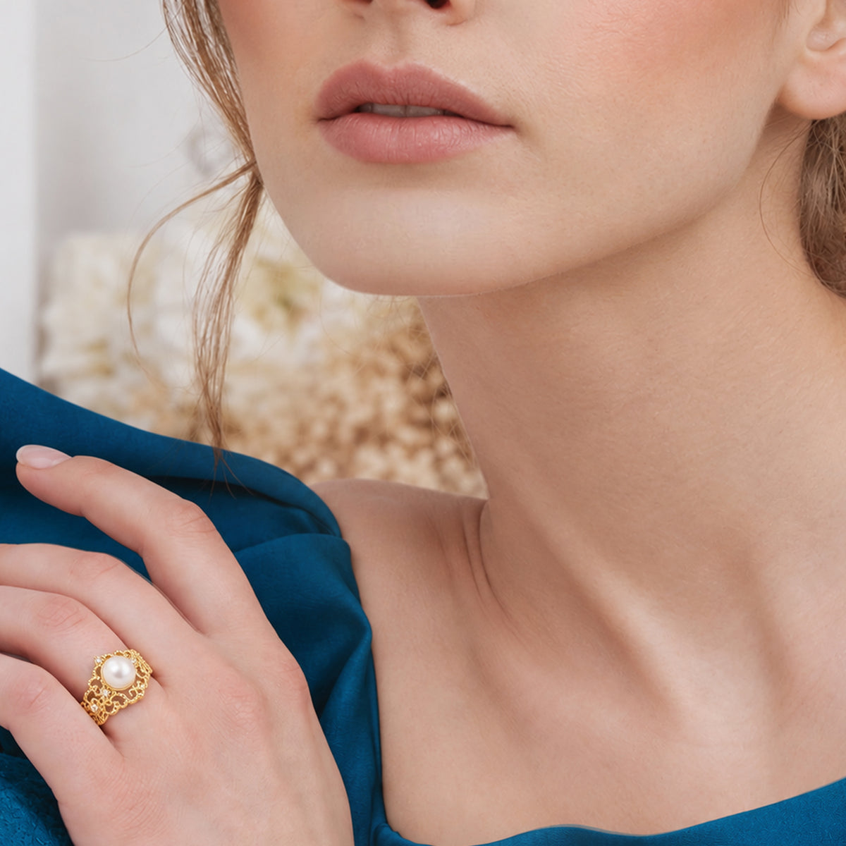 Pearl Filigree 18K Gold-Plated Copper Ring