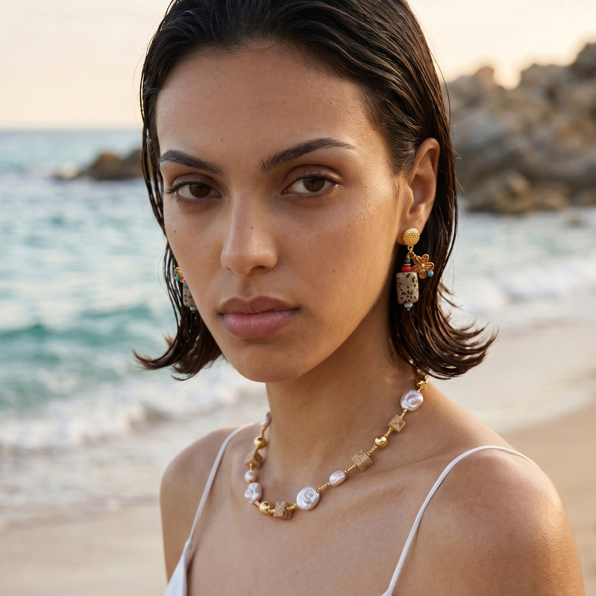 Gold-Tone Mixed Stone Floral Drop Earrings