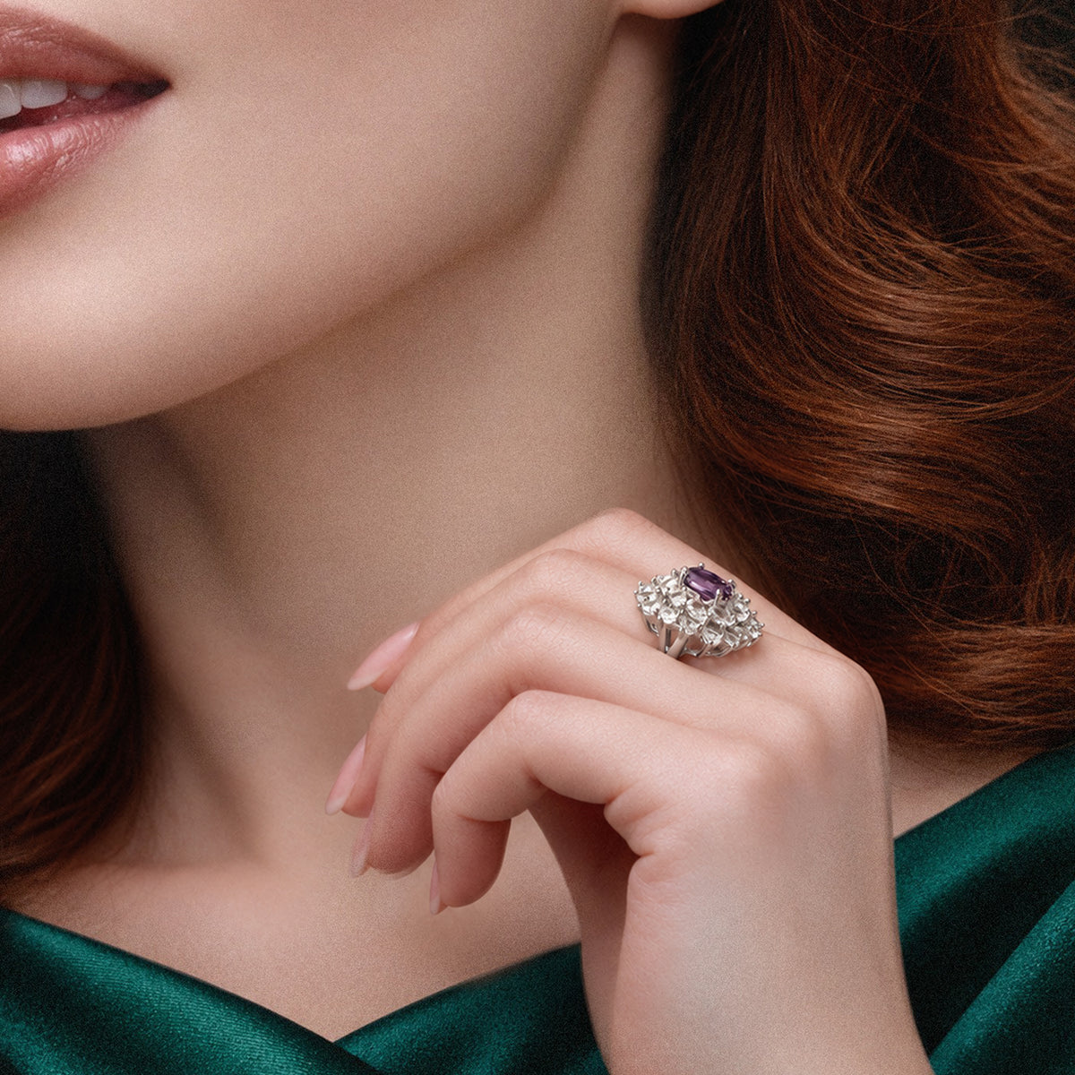 Silver-Tone Purple Zircon Floral Halo Ring