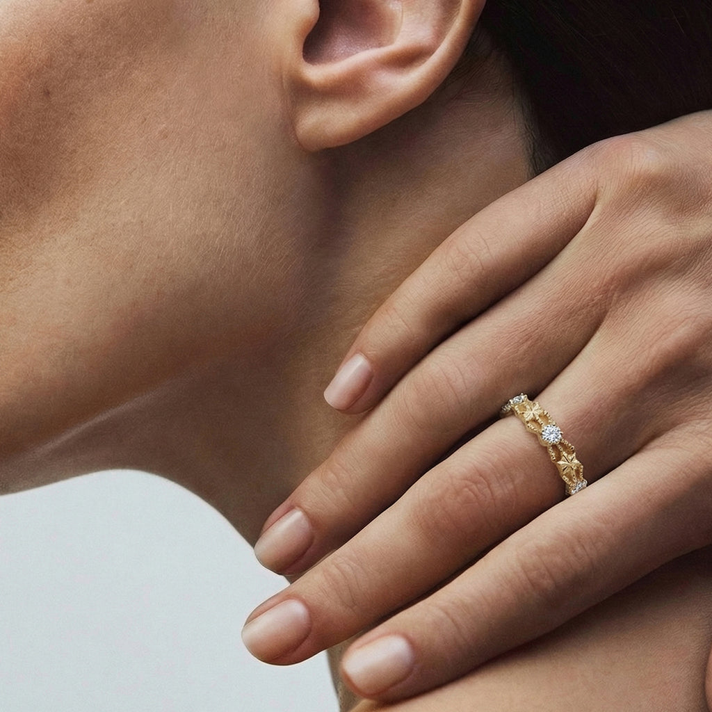 Gold-Plated S925 Patterned Stone Band Ring