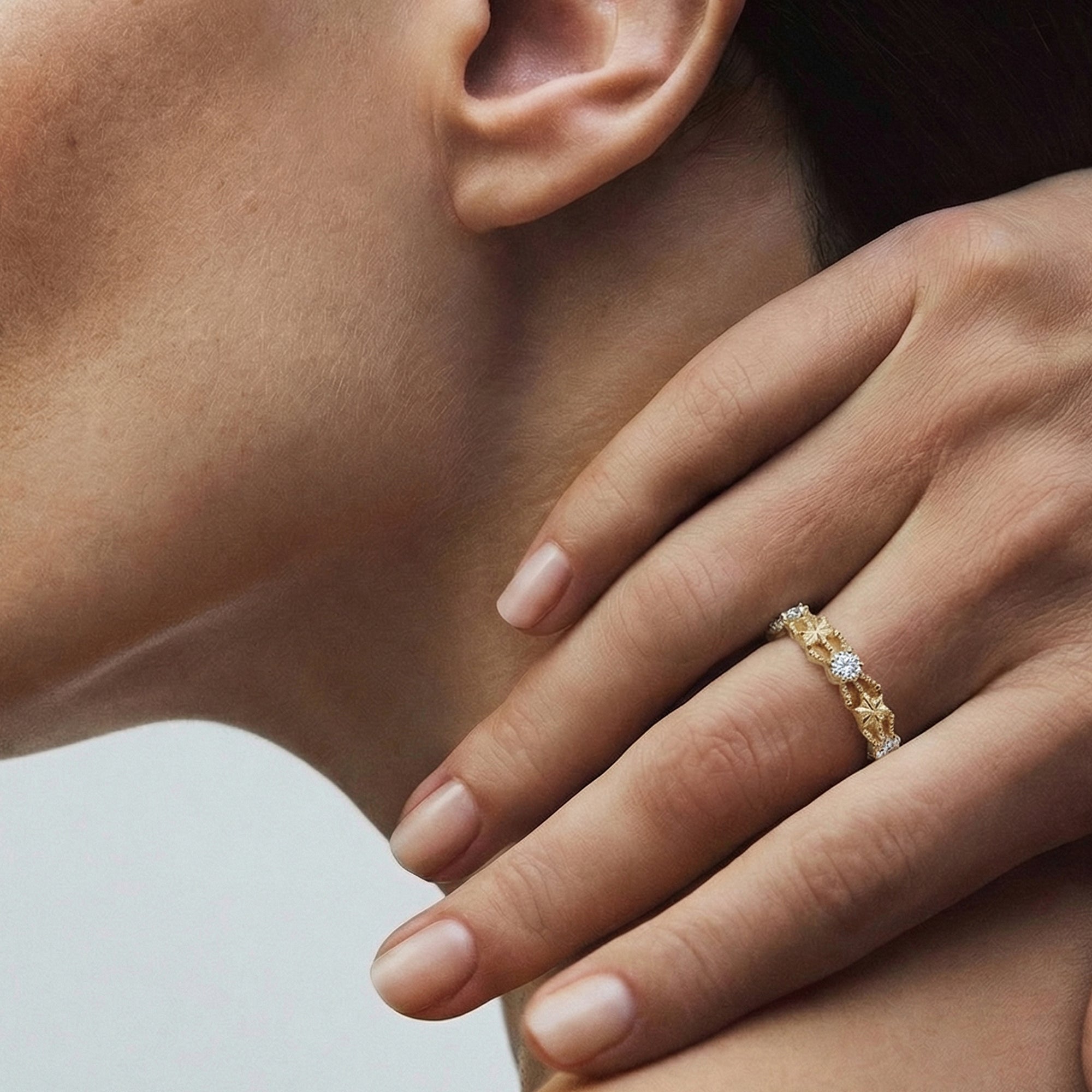 Gold-Plated S925 Patterned Stone Band Ring