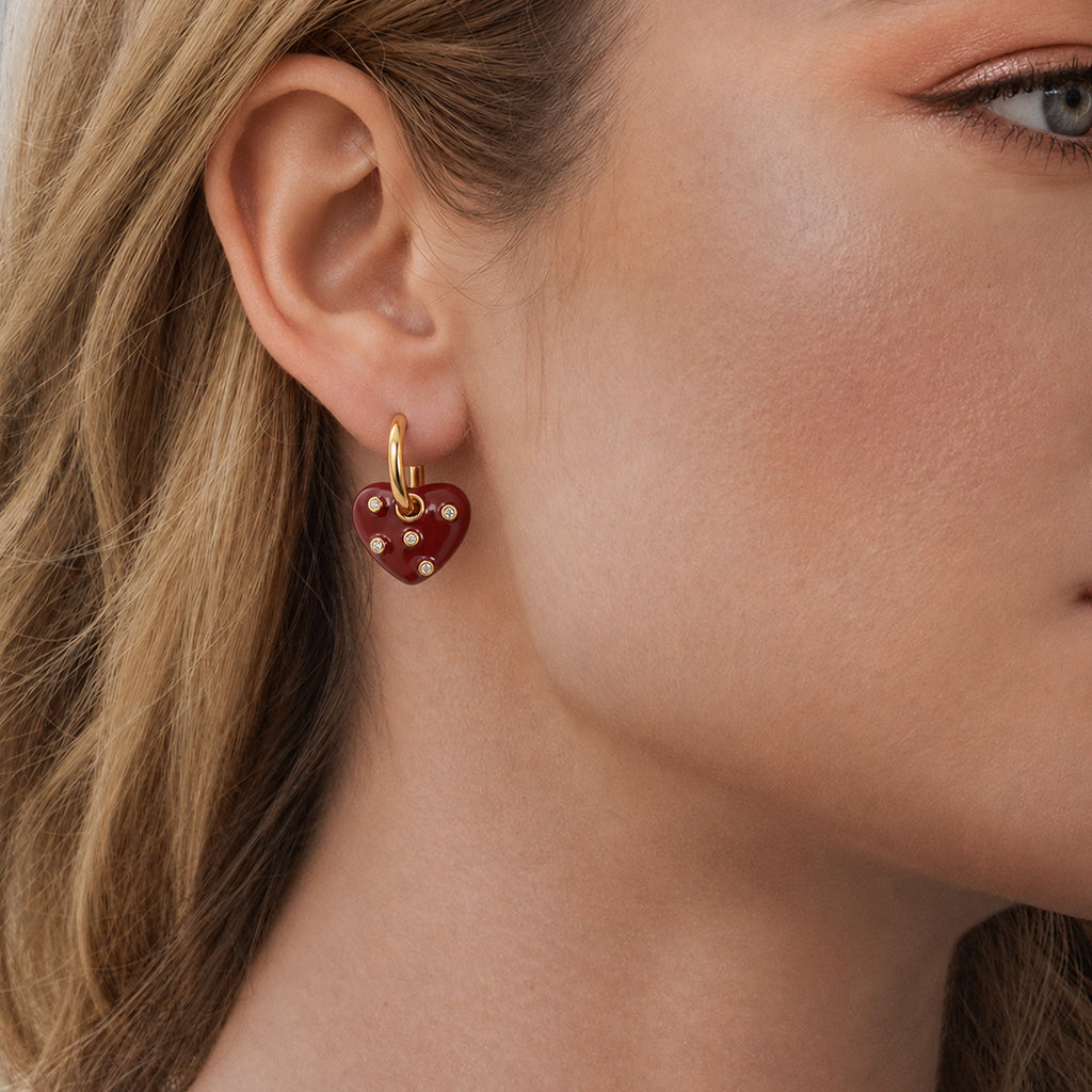 Red Heart Charm Hinged Hoop Earrings