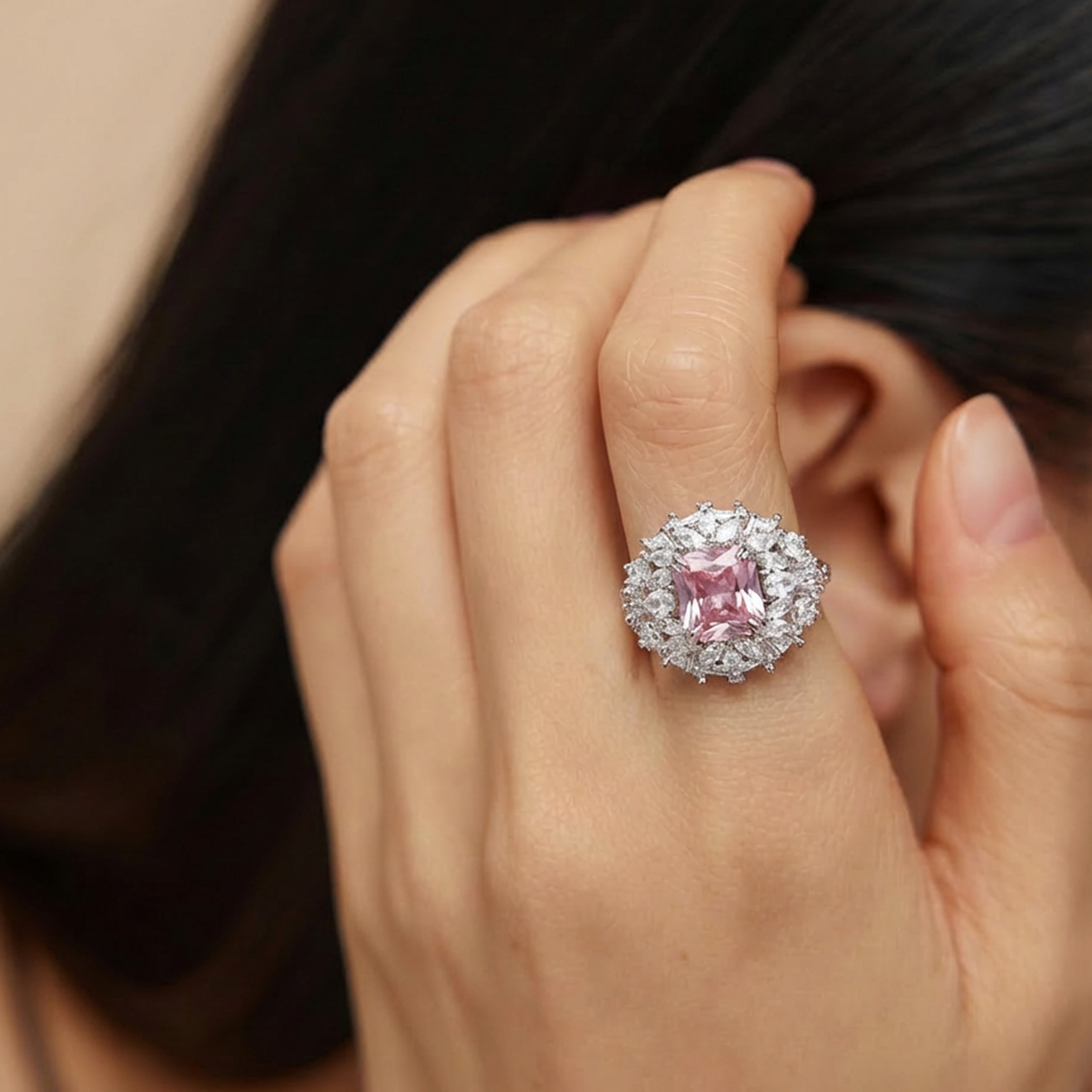 Silver-Tone Pink Cushion Zircon Halo Ring
