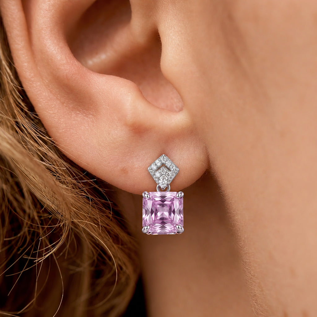 Pink Square-Cut Zircon Drop Stud Earrings