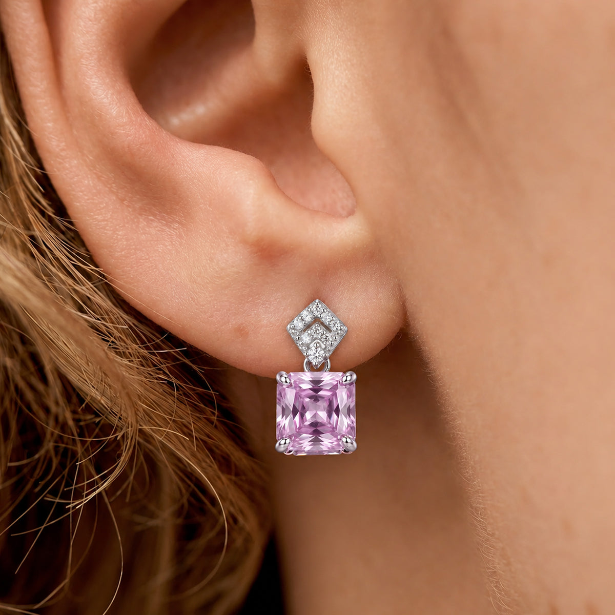 Pink Square-Cut Zircon Drop Stud Earrings