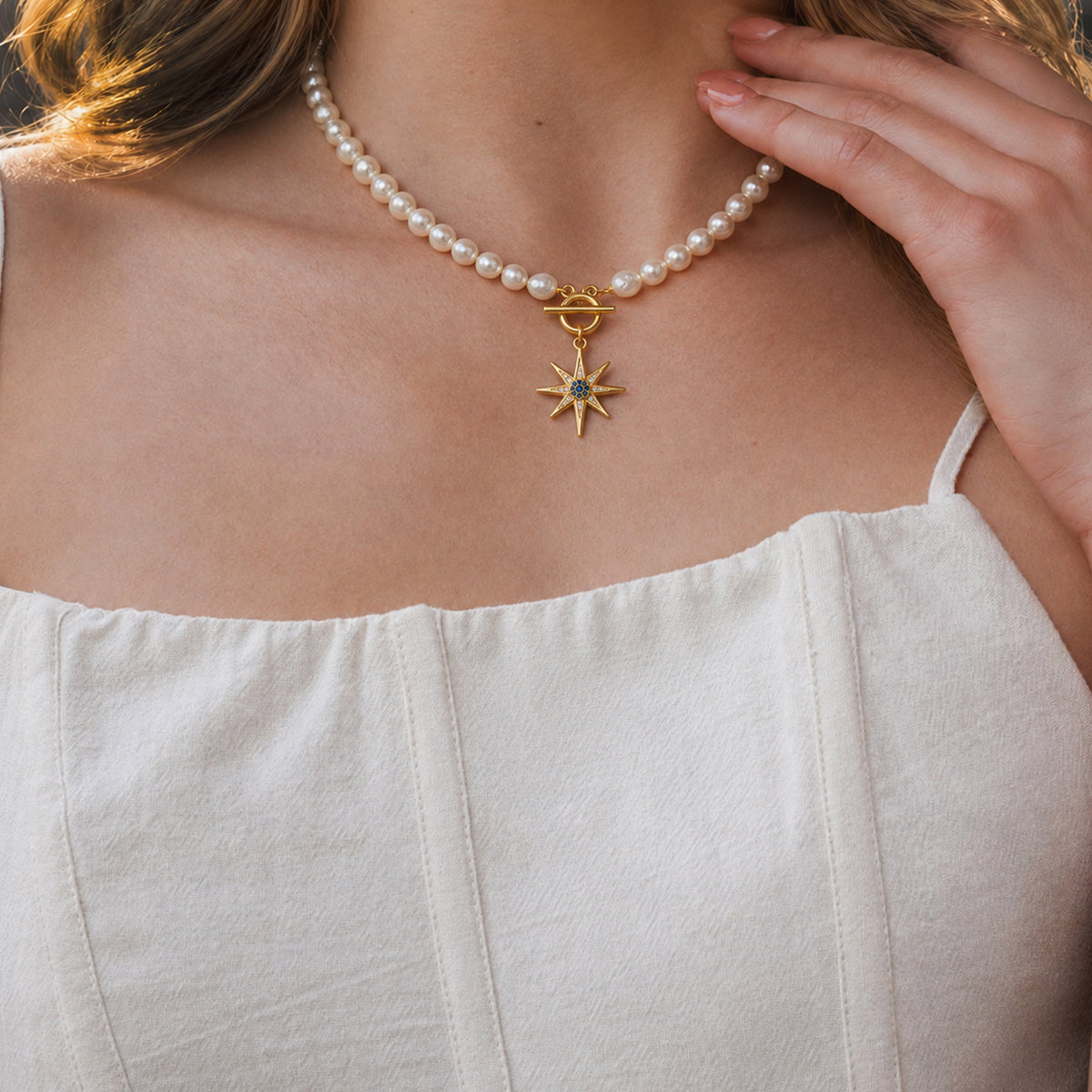 Gold-Plated Blue Starburst Pearl-Bead Necklace
