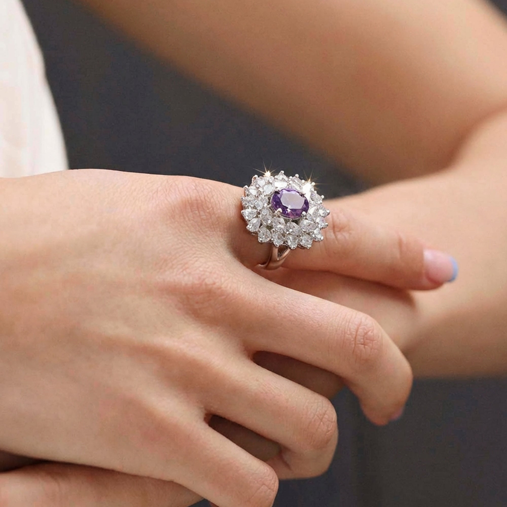 Silver-Tone Purple Zircon Floral Halo Ring