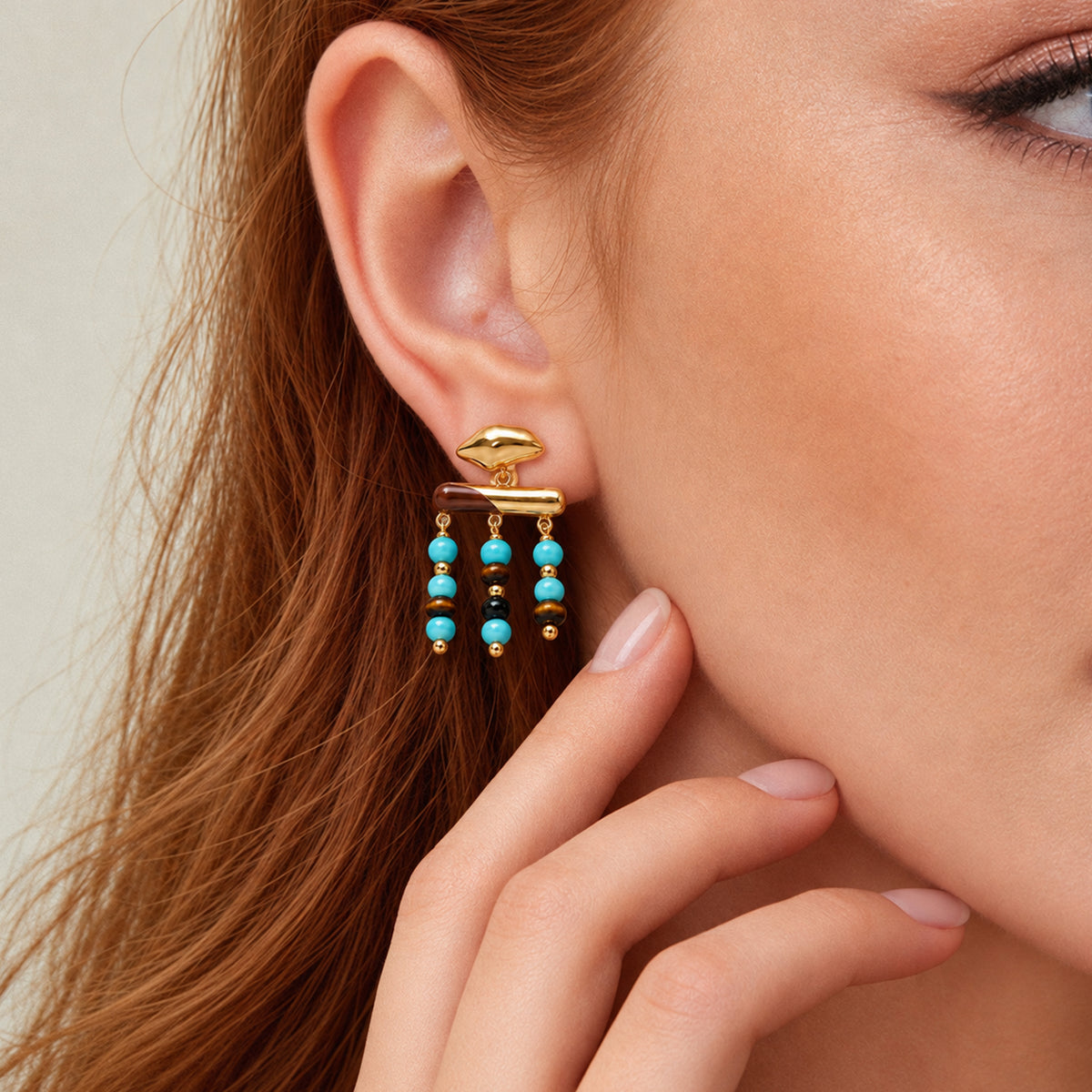 Beaded Fringe Drop Earrings - Gold & Blue