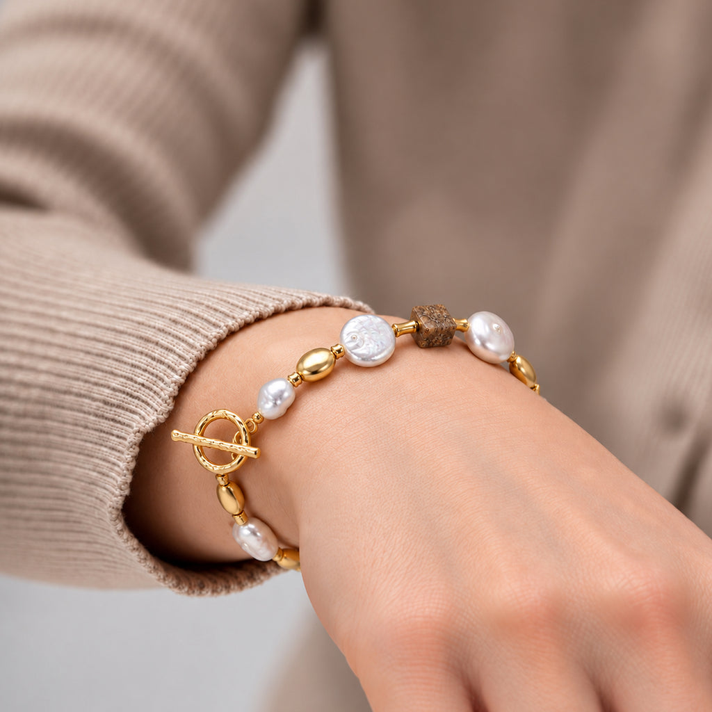 18K Gold-Plated Pearl & Picture Jasper Bracelet