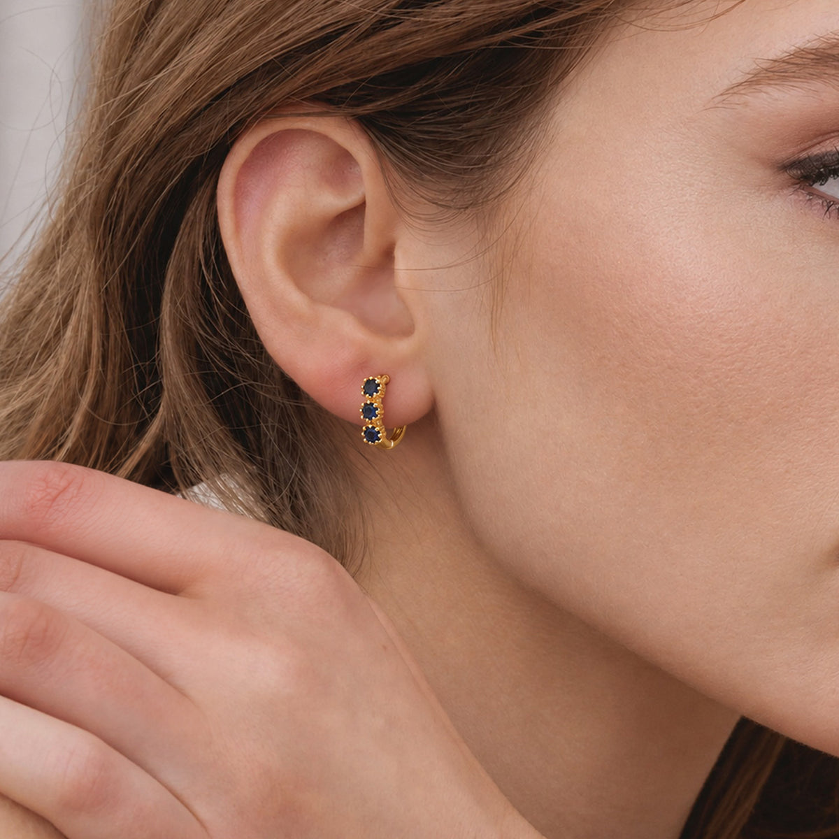 Gold-Plated S925 Triple Blue Zircon Huggie Earrings