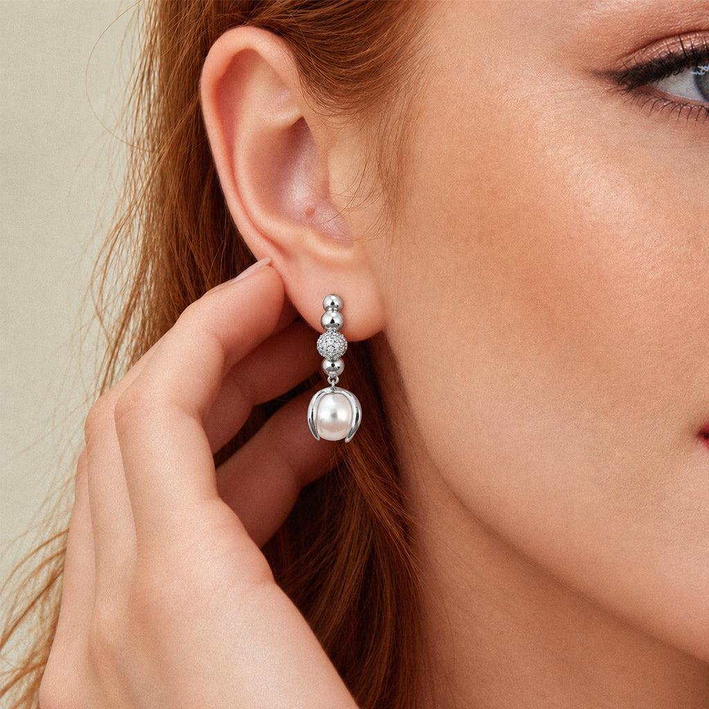 Silver-Tone Beaded Pearl Drop Earrings