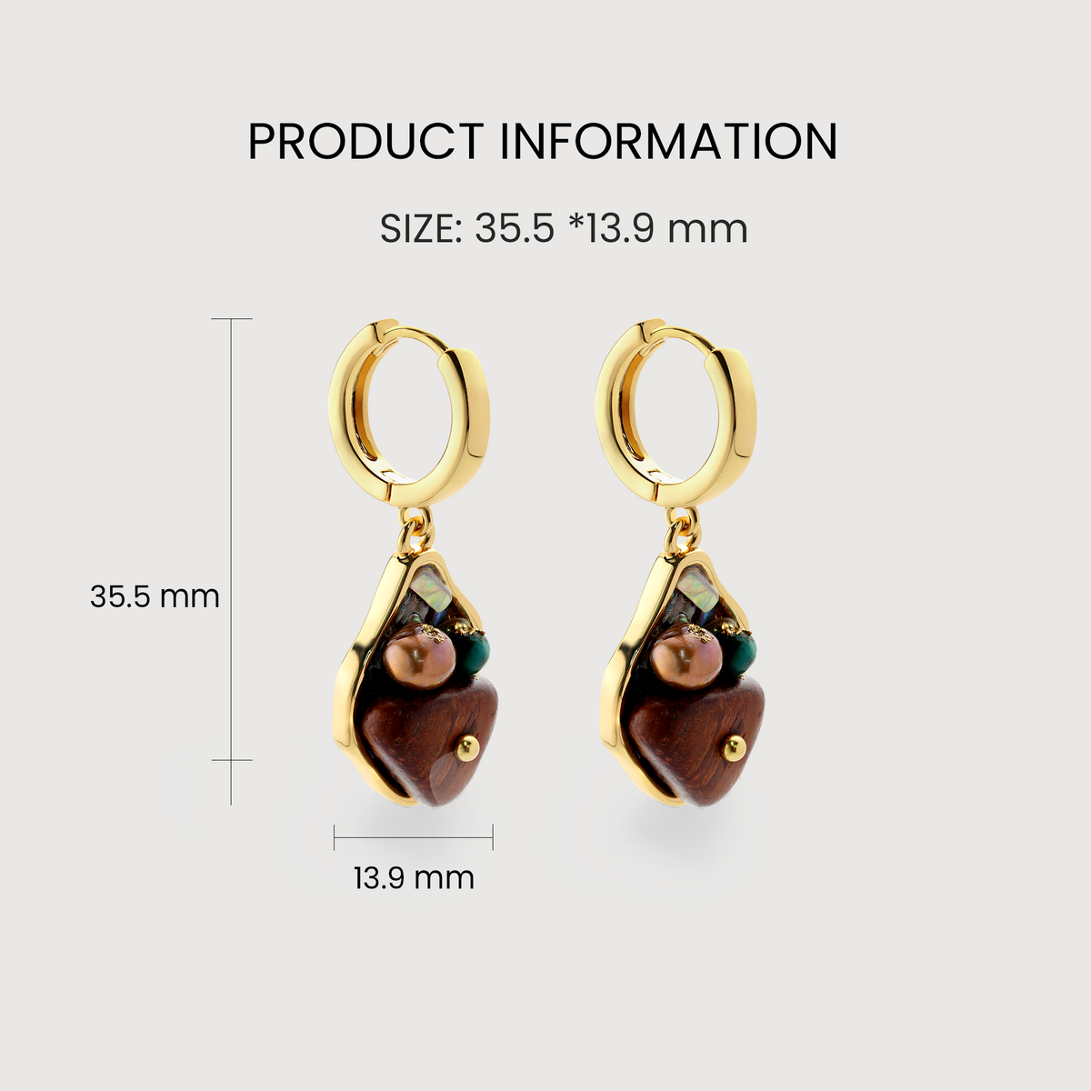 Tiger's Eye Wood & Pearl Drop Hoop Earrings
