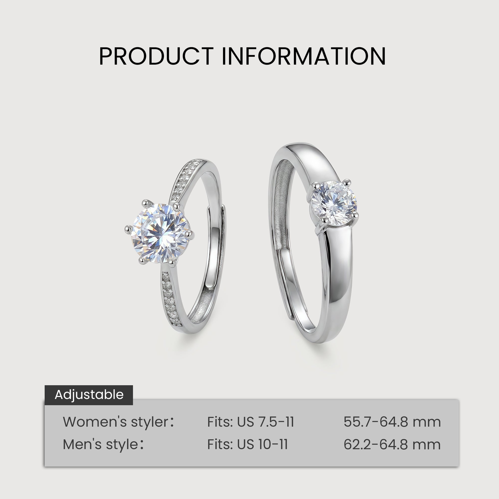 Round Zircon S925 Adjustable Couple Rings