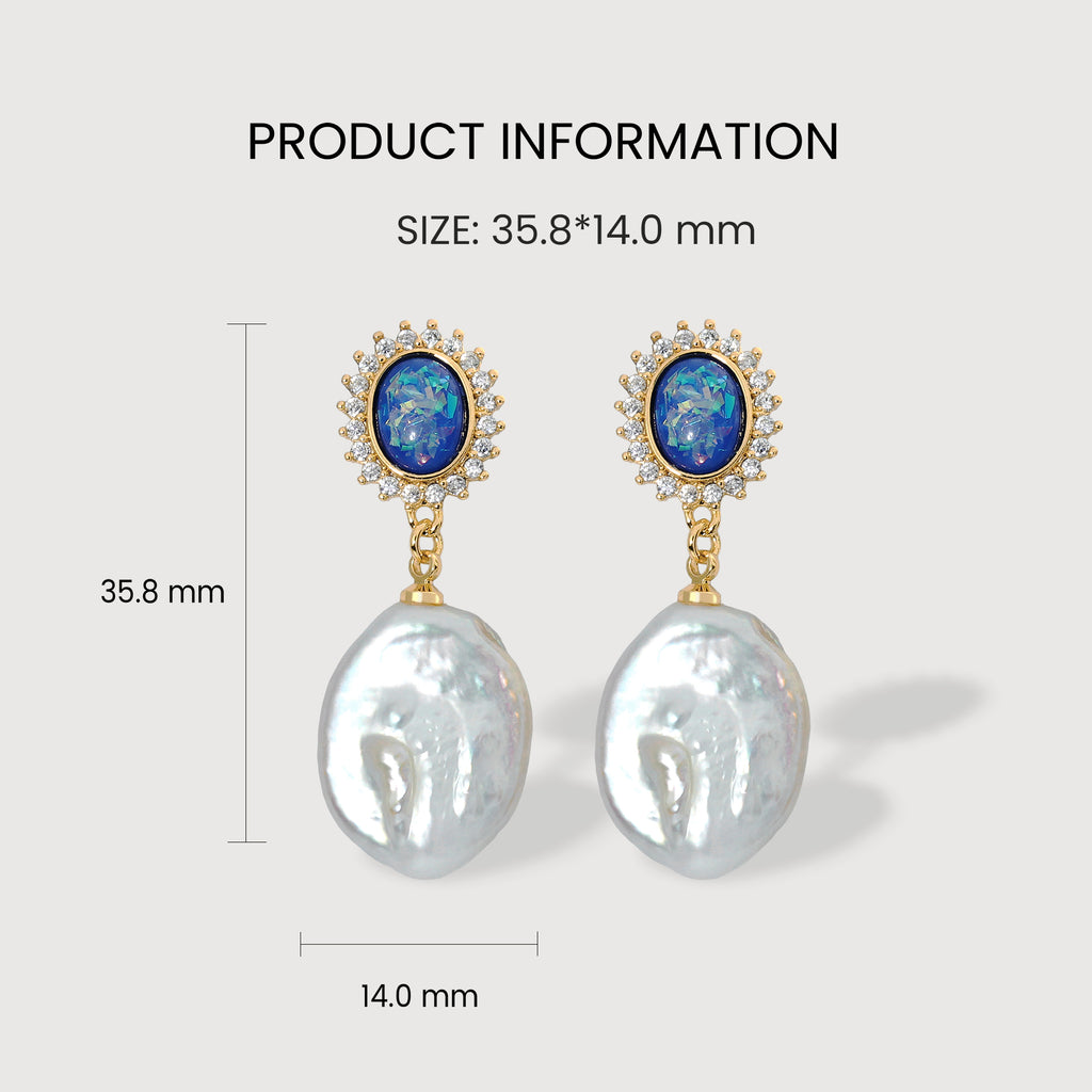Blue Oval Zircon & Freshwater Pearl Drop Earrings