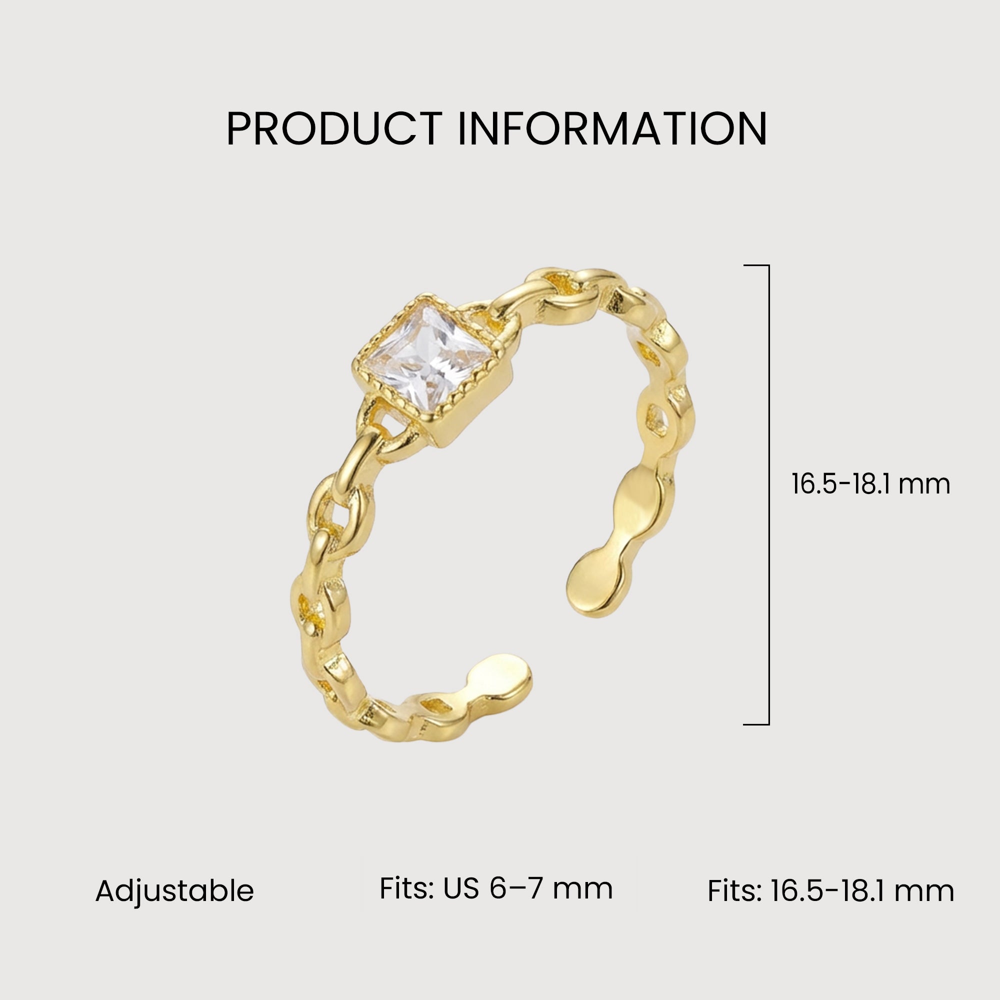 Square Zircon Chain-Link S925 Adjustable Ring