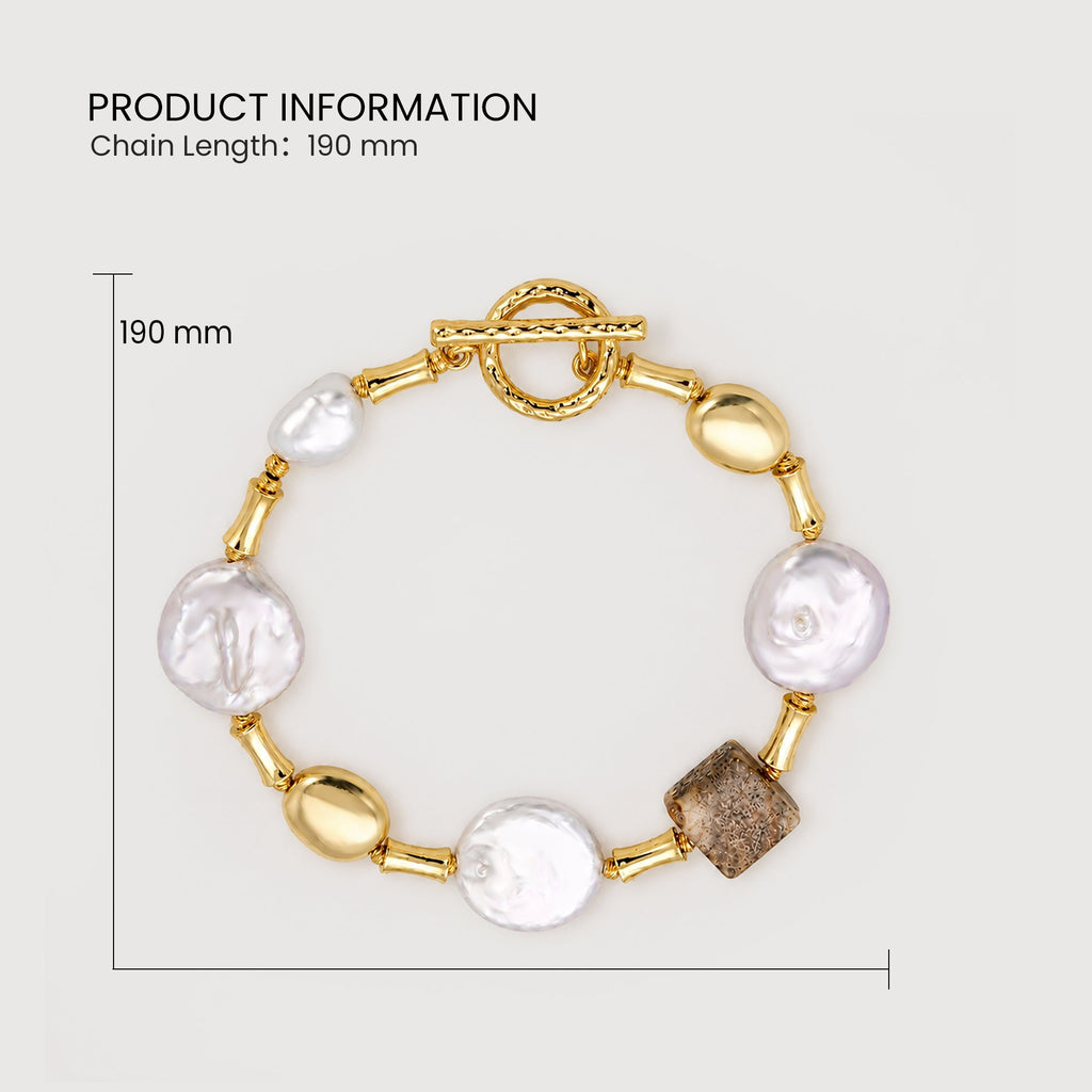 18K Gold-Plated Pearl & Picture Jasper Bracelet