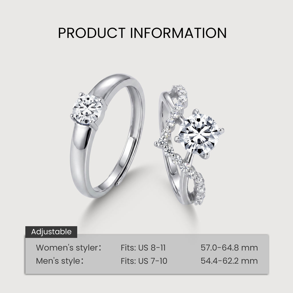 Adjustable S925 Silver Zircon Couple Ring Set