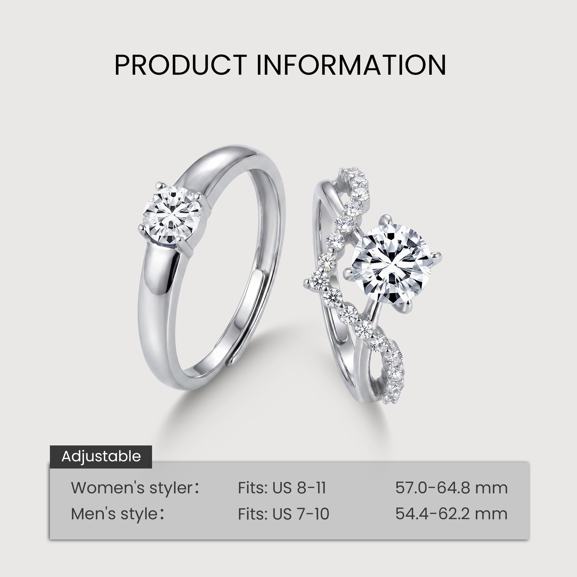 Adjustable S925 Silver Zircon Couple Ring Set