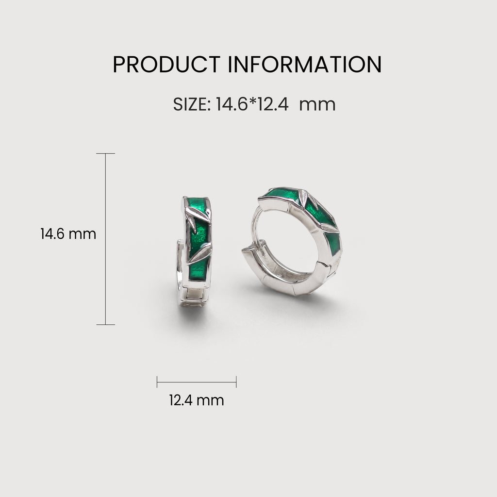 S925 Bamboo Leaf Hoop Earrings with Green Accents