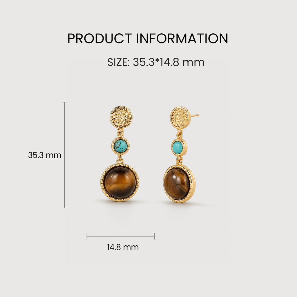 Gold-Plated Tiger's Eye & Turquoise Drop Earrings