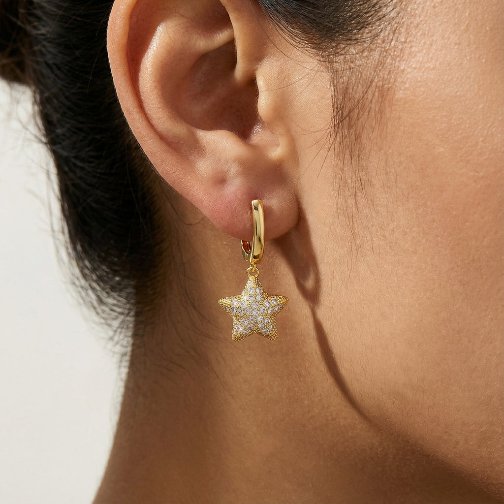 Pavé Zircon Star Huggie Drop Earrings