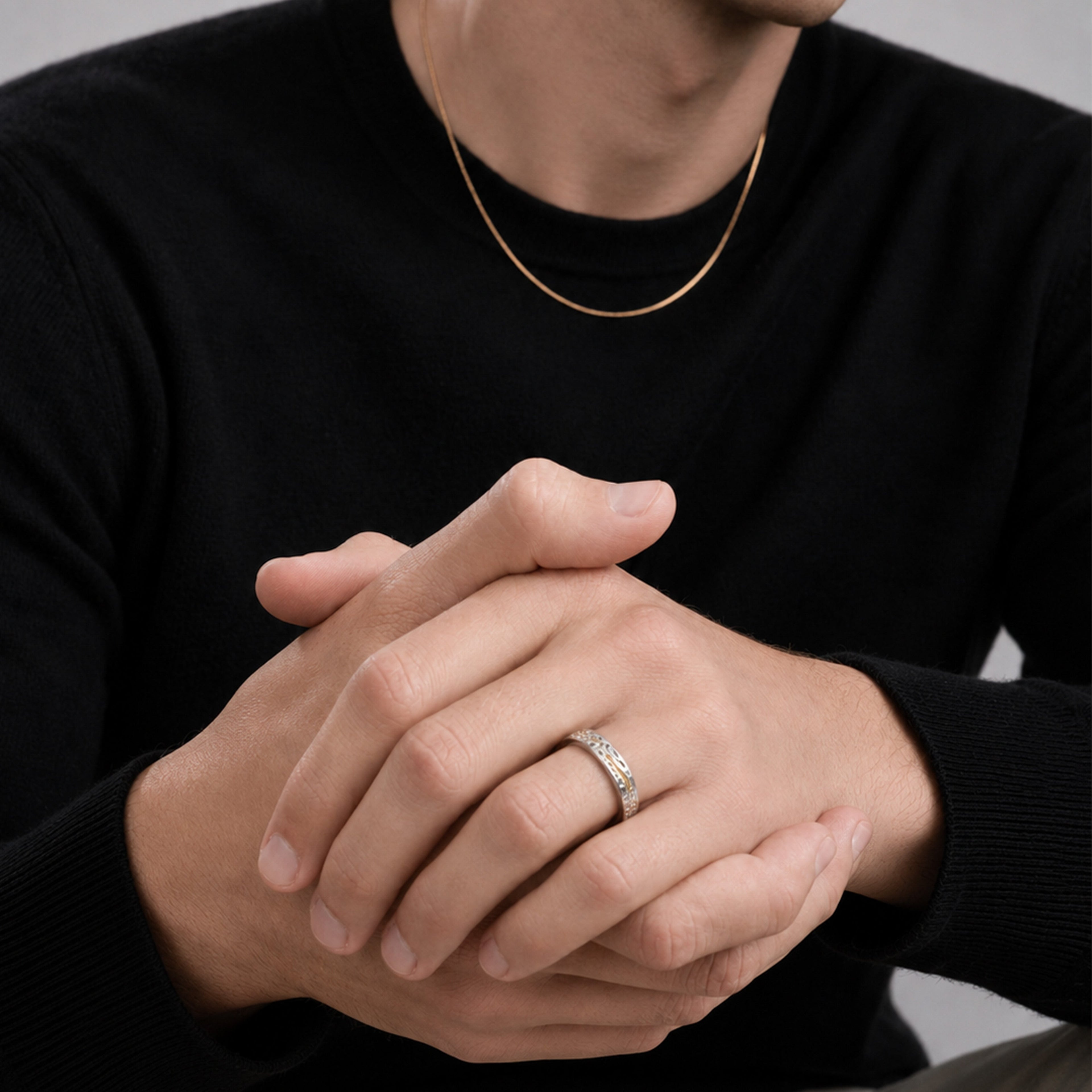 Two-Tone Textured S925 Silver Couple Ring Set