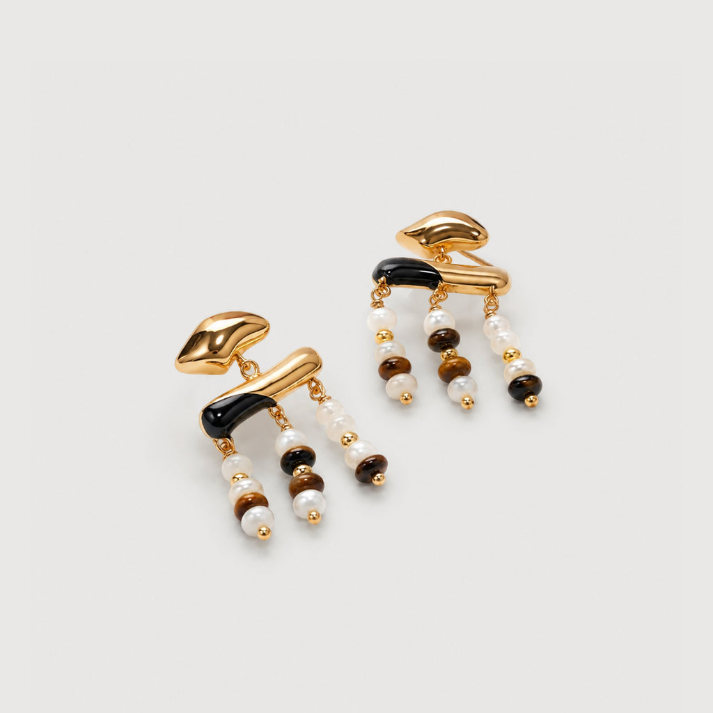 Beaded Fringe Drop Earrings - Gold & Blue