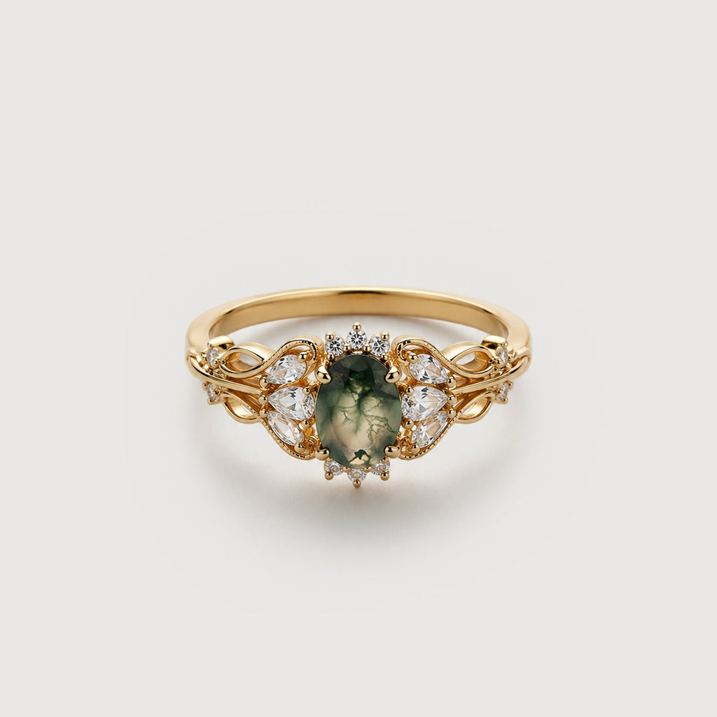 Natural Moss Agate Zircon S925 Silver Ring