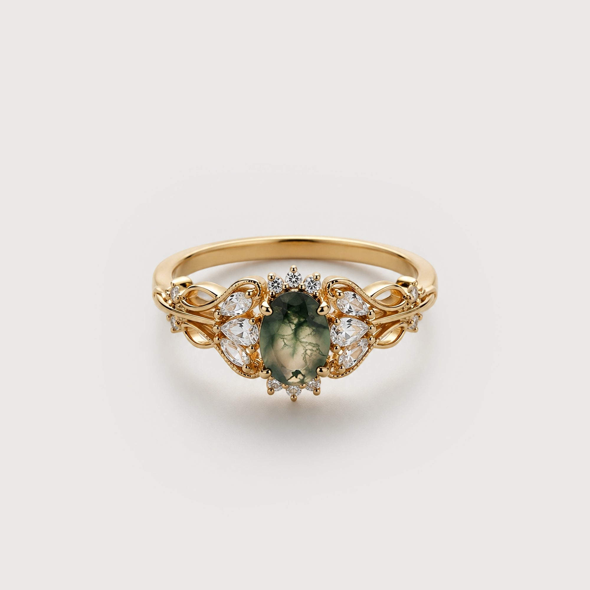 Natural Moss Agate Zircon S925 Silver Ring