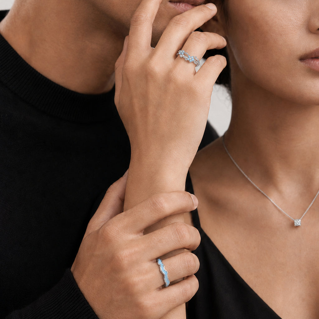 S999 Silver Forget-Me-Not Couple Ring Set