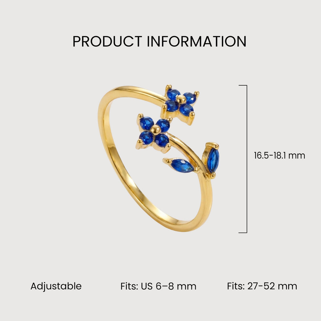 18K Gold-Plated Blue CZ Floral Open Ring