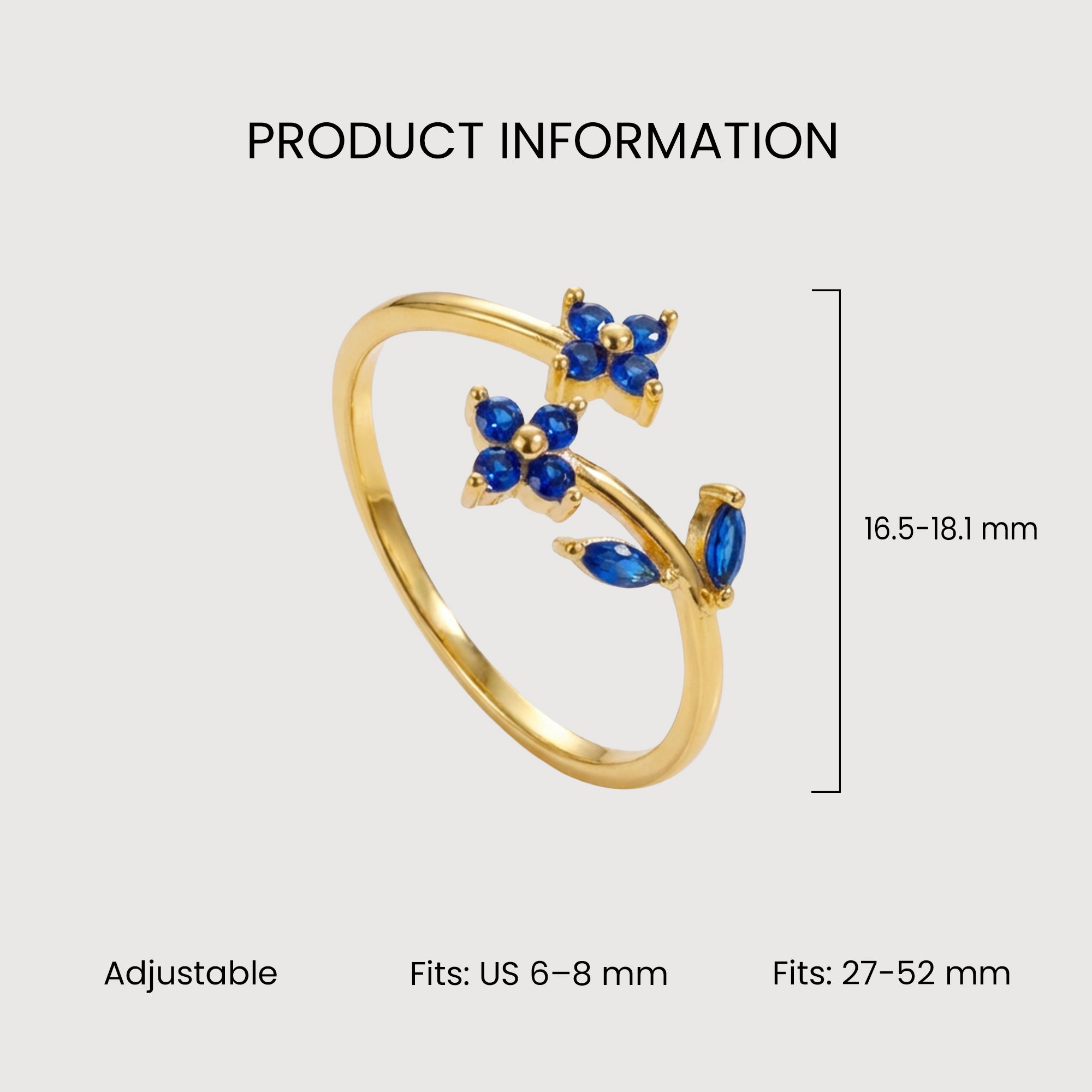 18K Gold-Plated Blue CZ Floral Open Ring