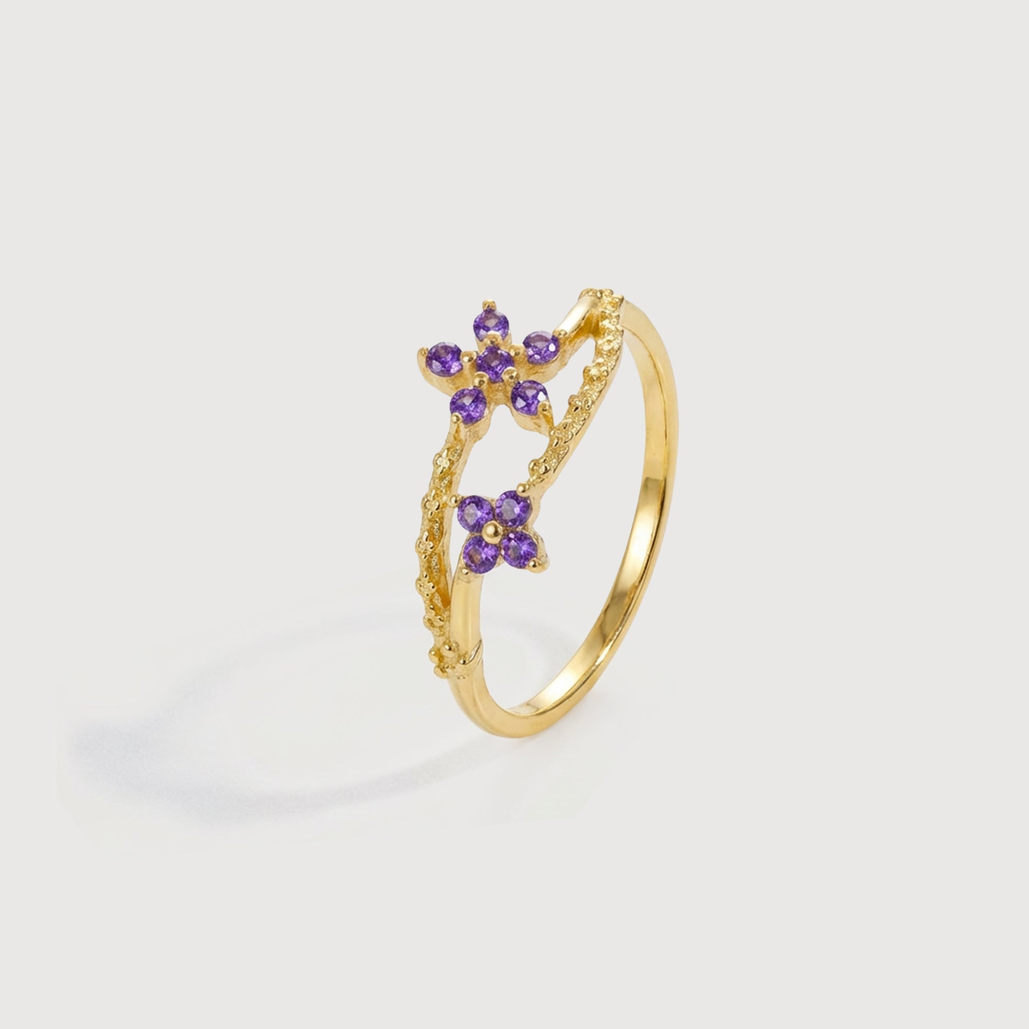 18K Gold-Plated S925 Purple CZ Floral Ring