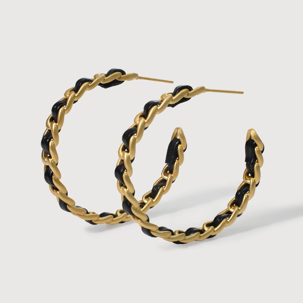 Black Woven Gold-Tone Chain Hoop Earrings