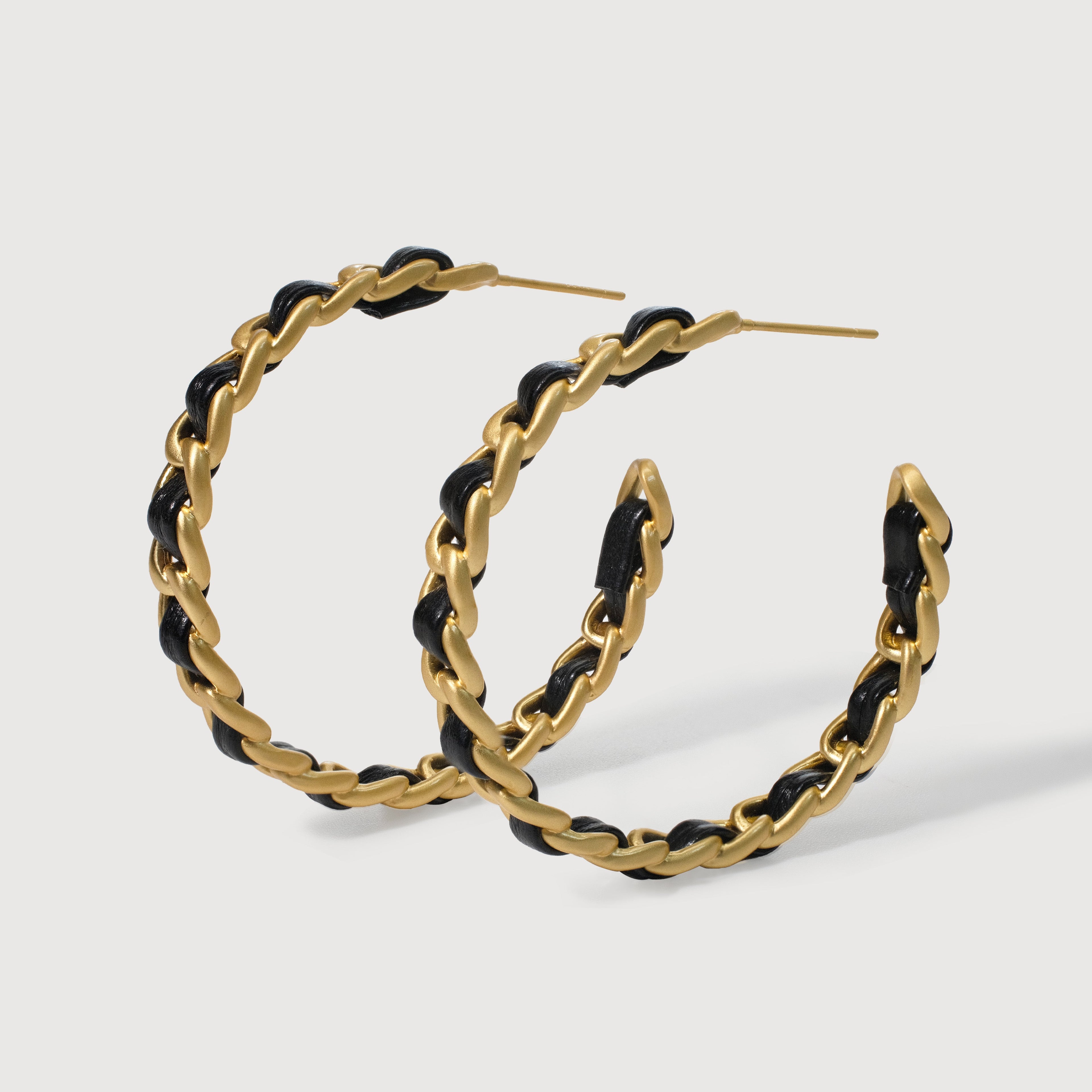 Black Woven Gold-Tone Chain Hoop Earrings