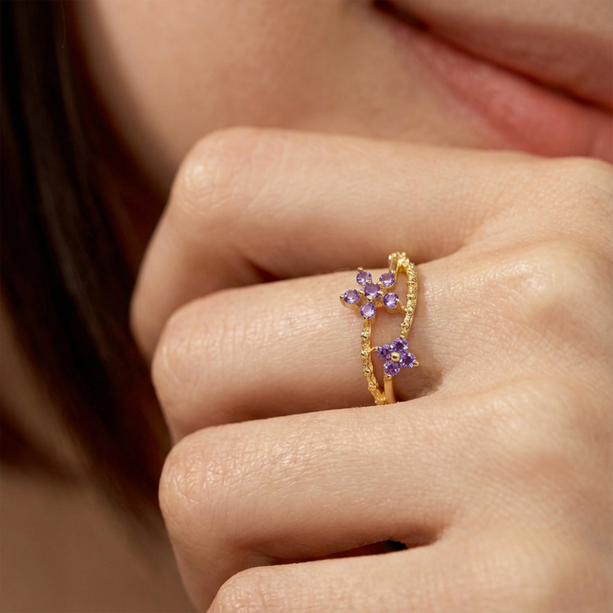 18K Gold-Plated S925 Purple CZ Floral Ring