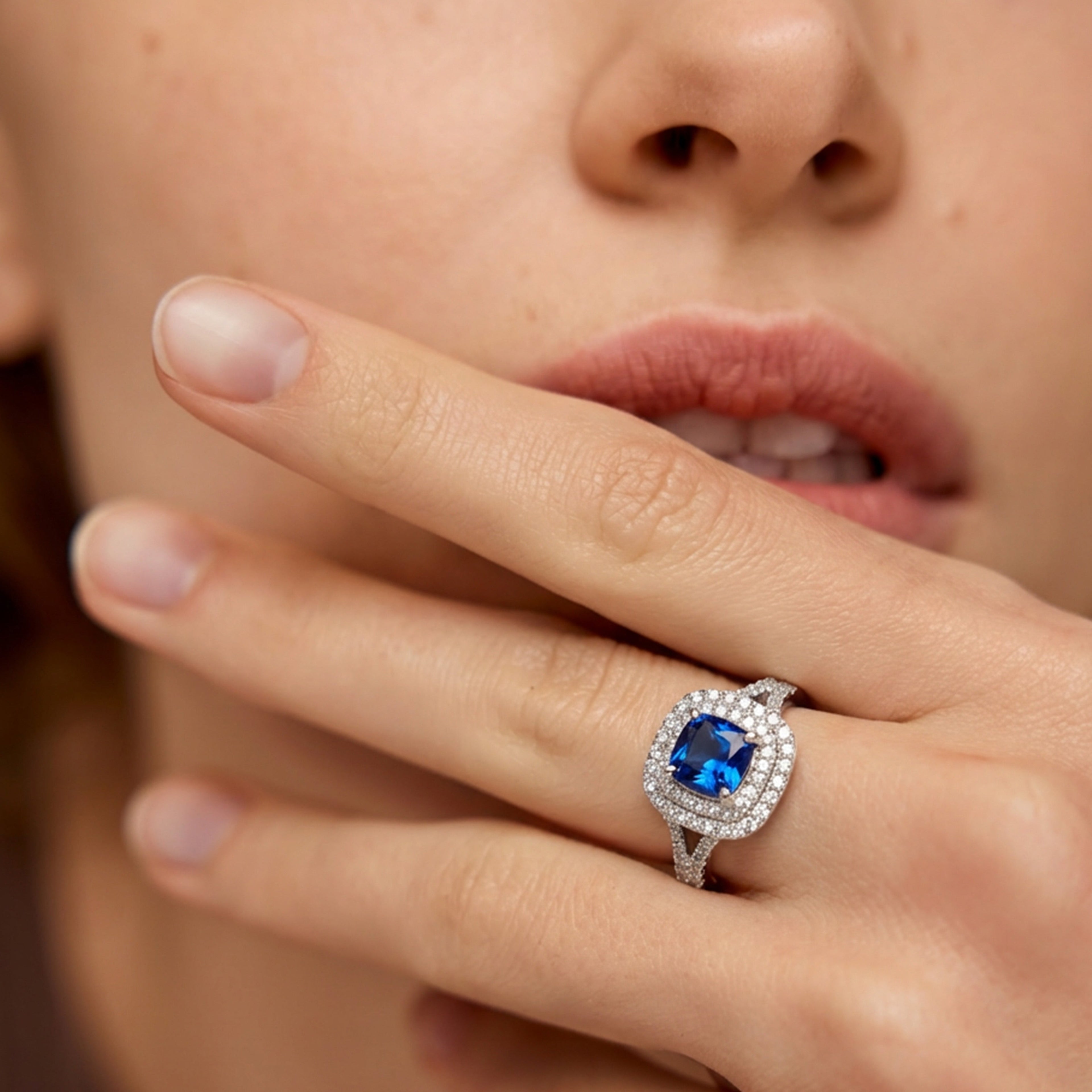 Silver-Tone Blue Zircon Halo Adjustable Ring