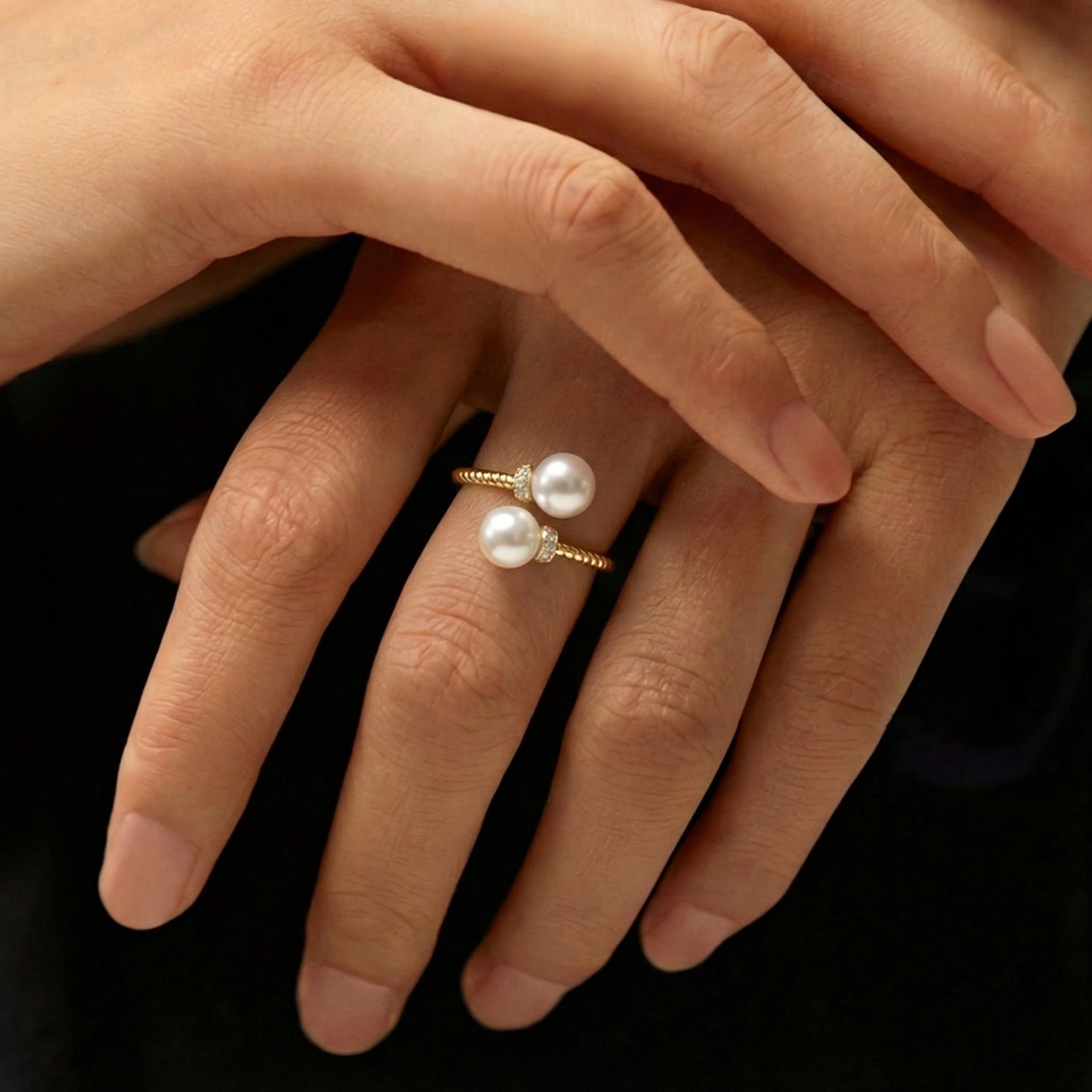 S925 Silver Double Pearl Adjustable Ring