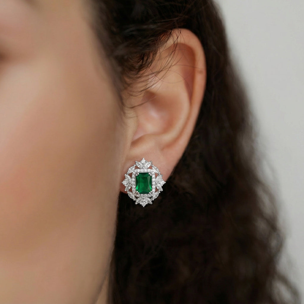 Emerald-Cut Green Zircon Halo Stud Earrings