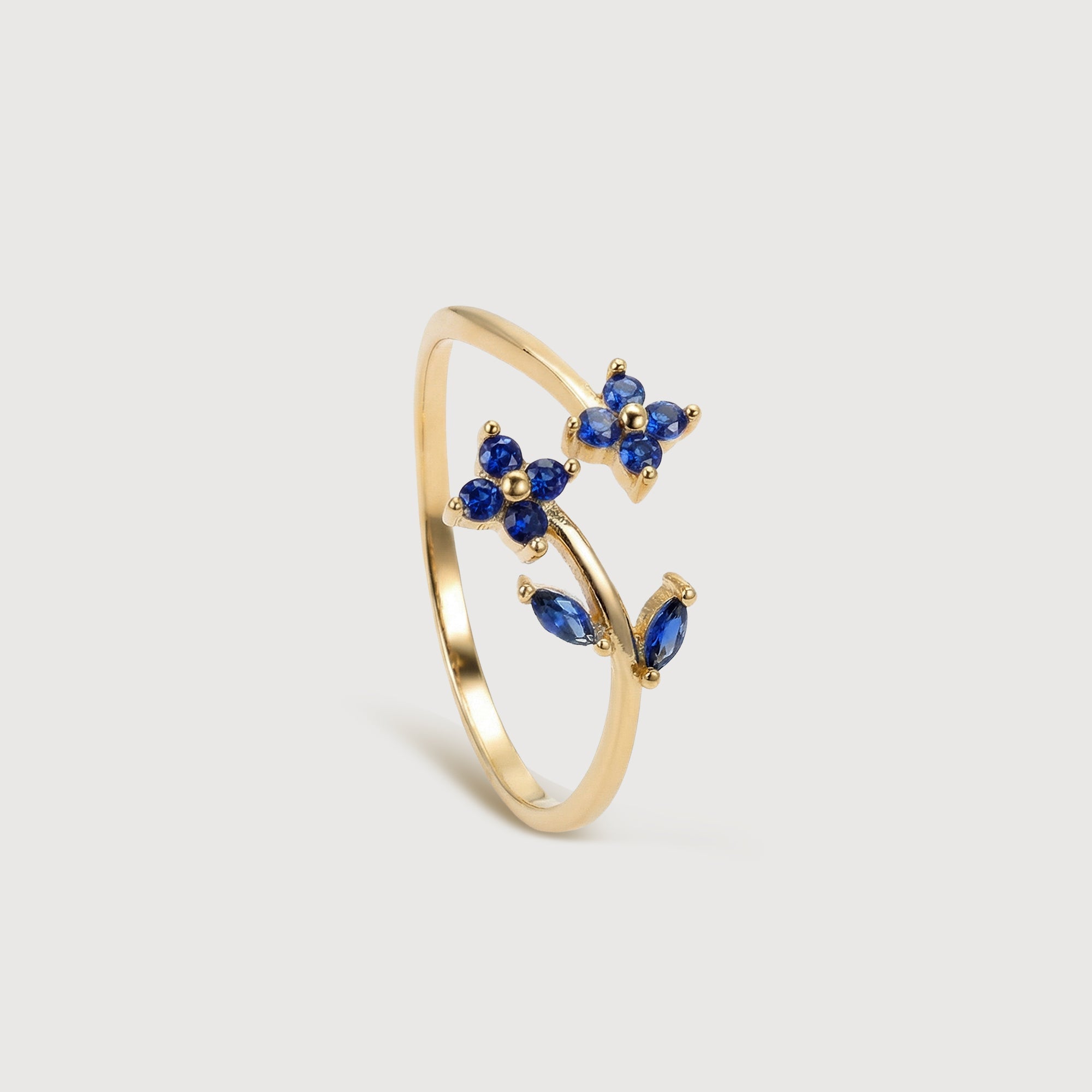 18K Gold-Plated Blue CZ Floral Open Ring