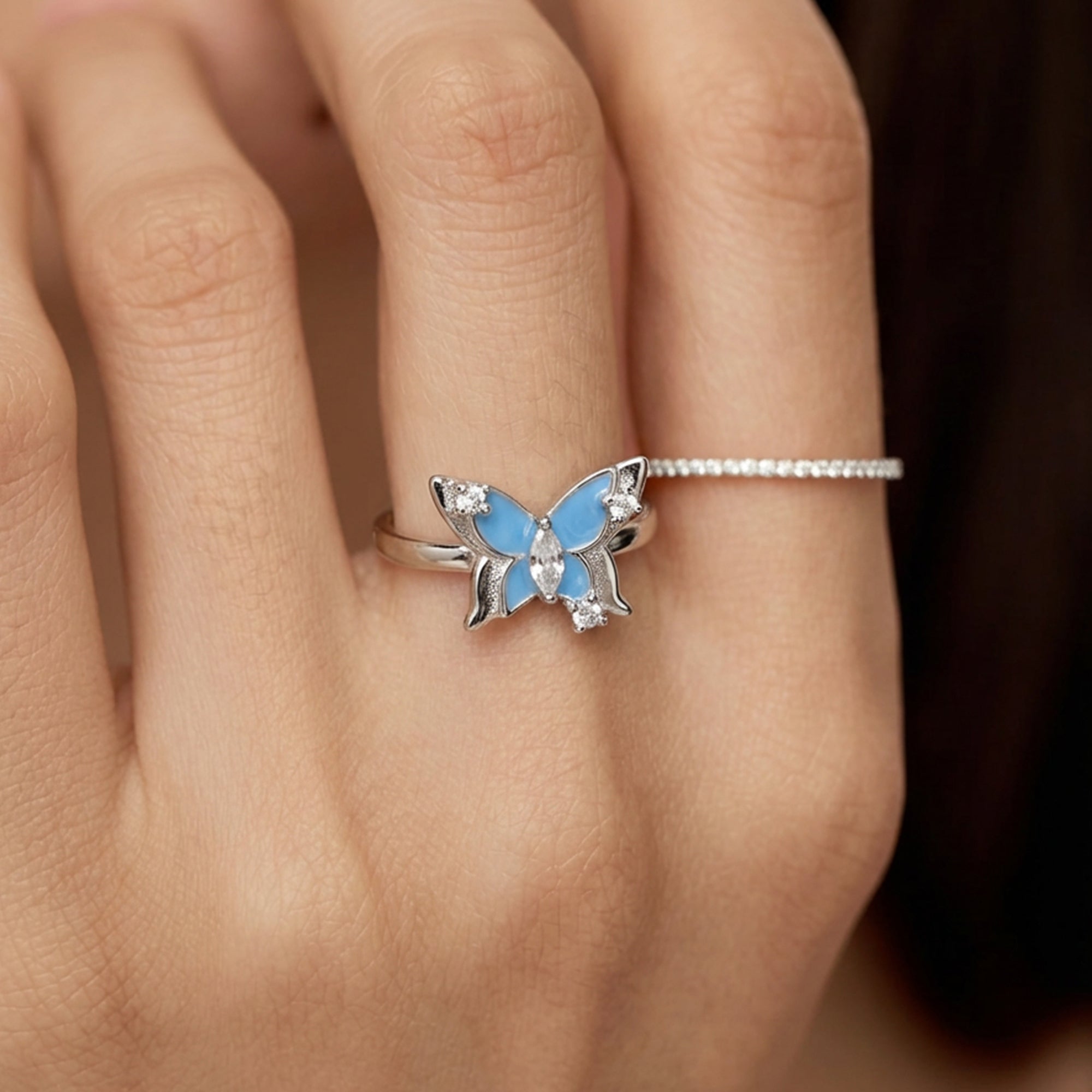 S925 Silver Blue Enamel Butterfly Ring