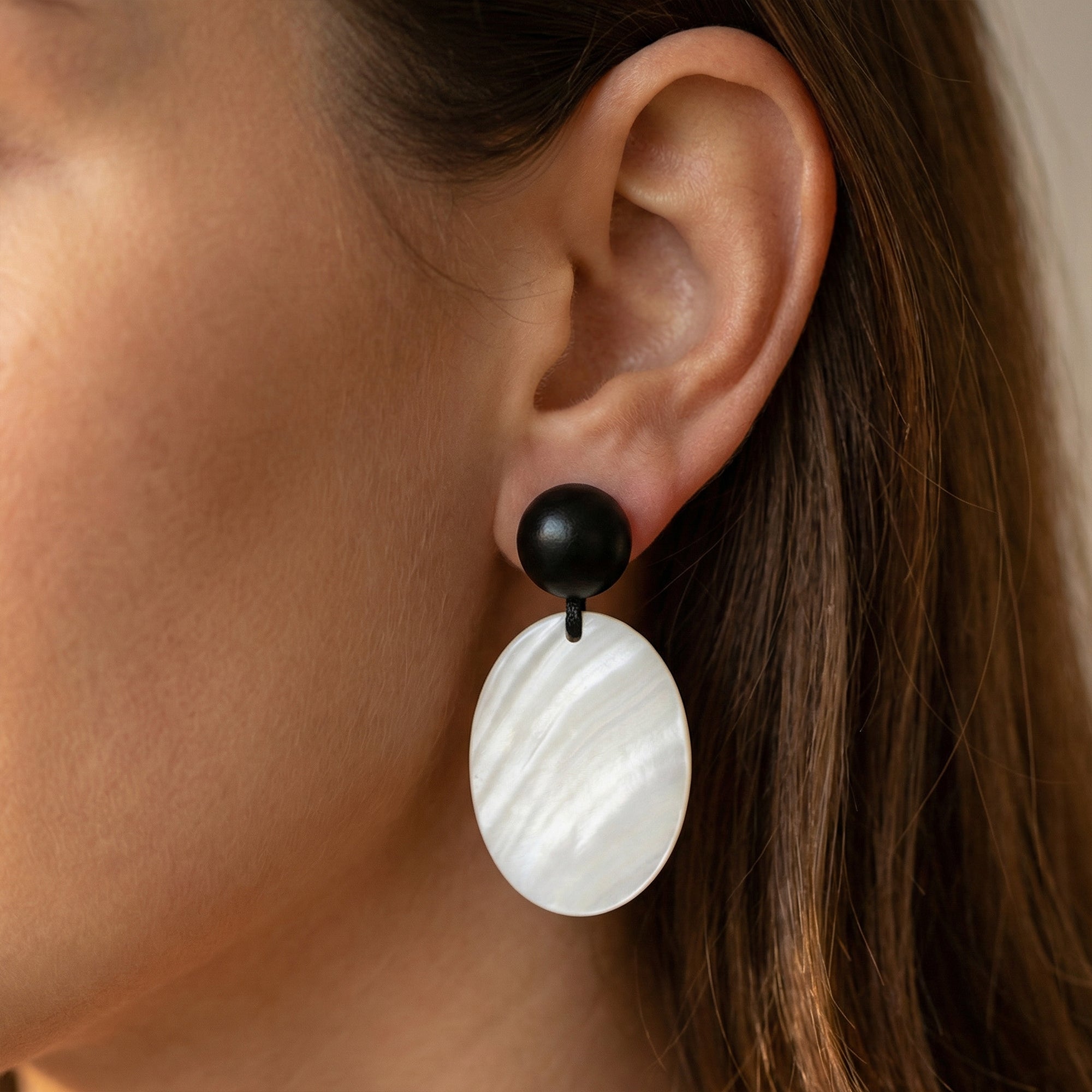 Black Bead and White Shell Drop Earrings