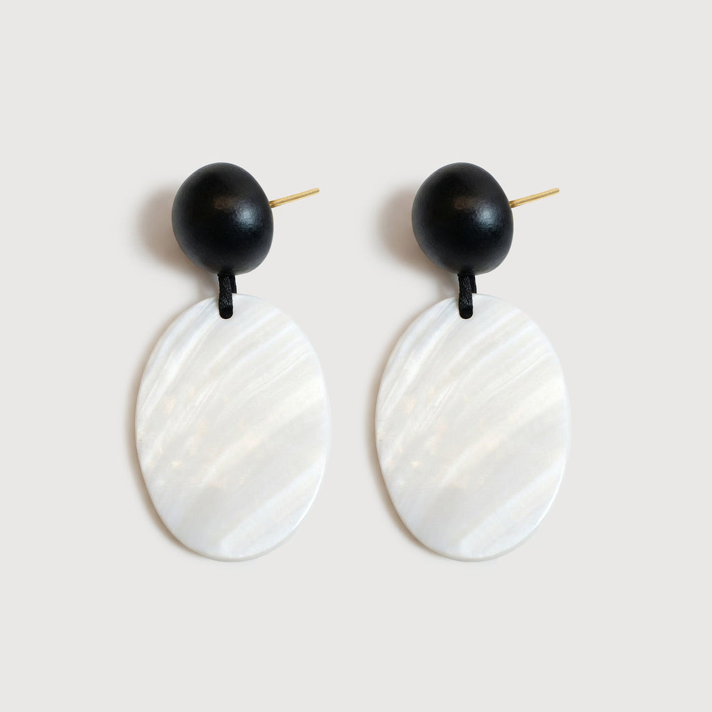 Black Bead and White Shell Drop Earrings