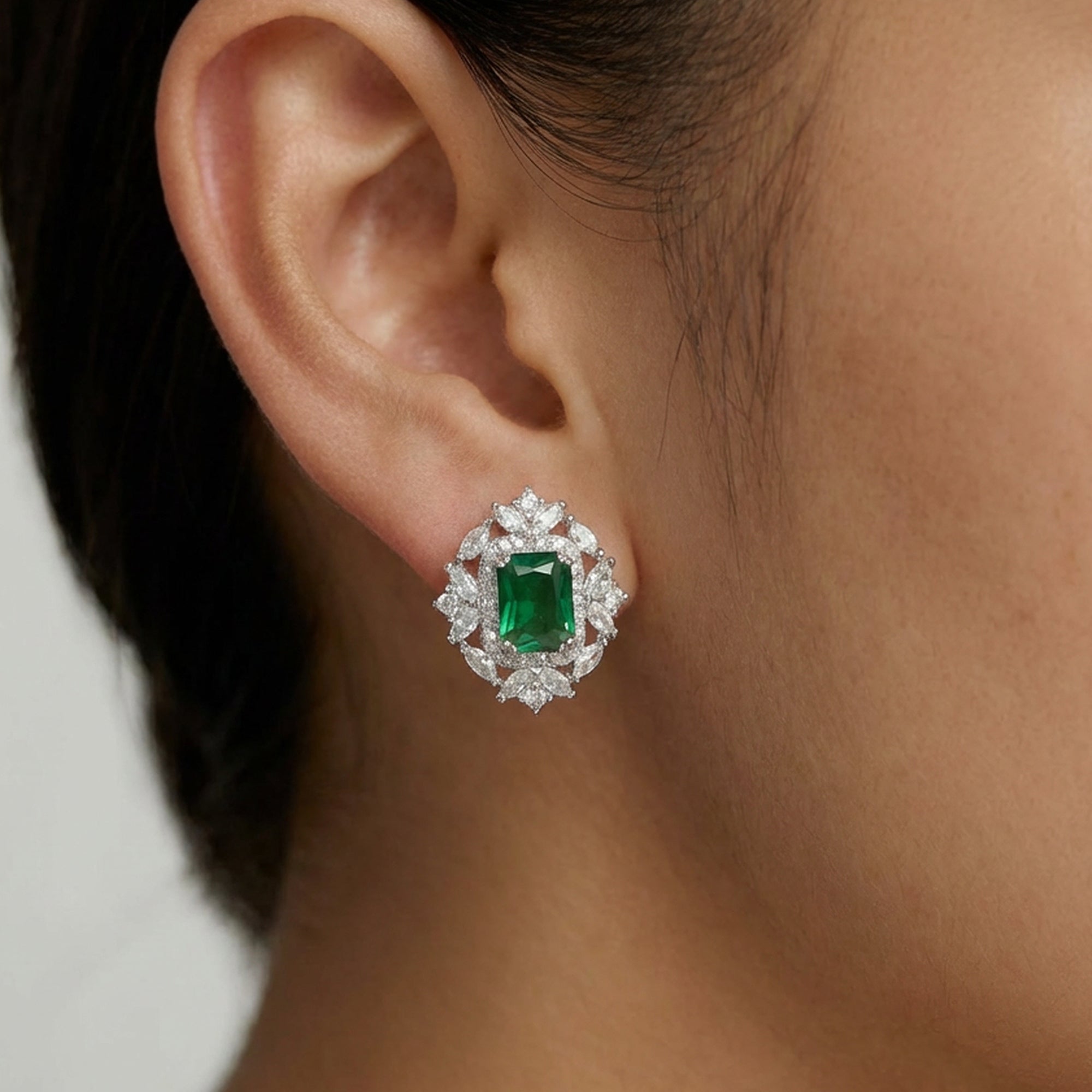 Emerald-Cut Green Zircon Halo Stud Earrings