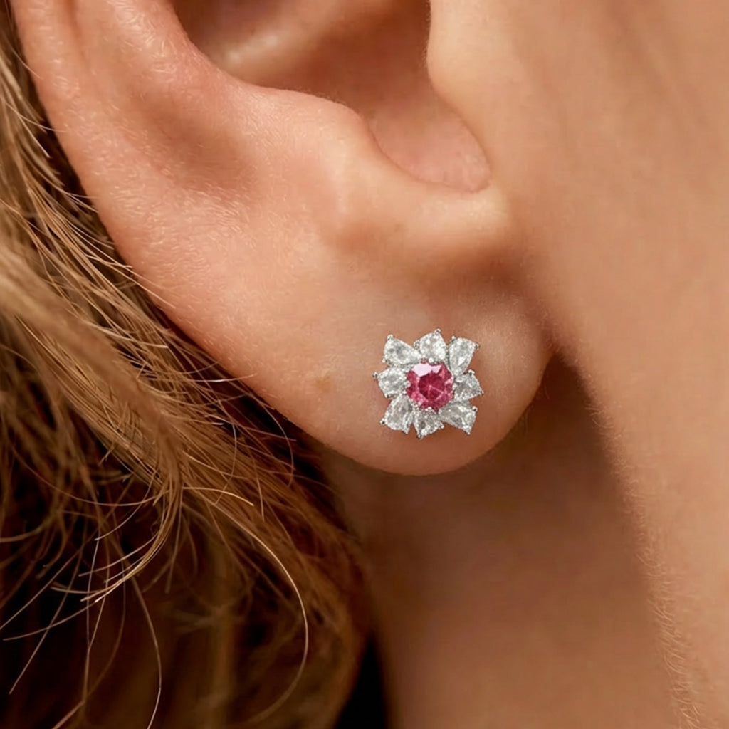 Pink Floral Zircon Brass Stud Earrings