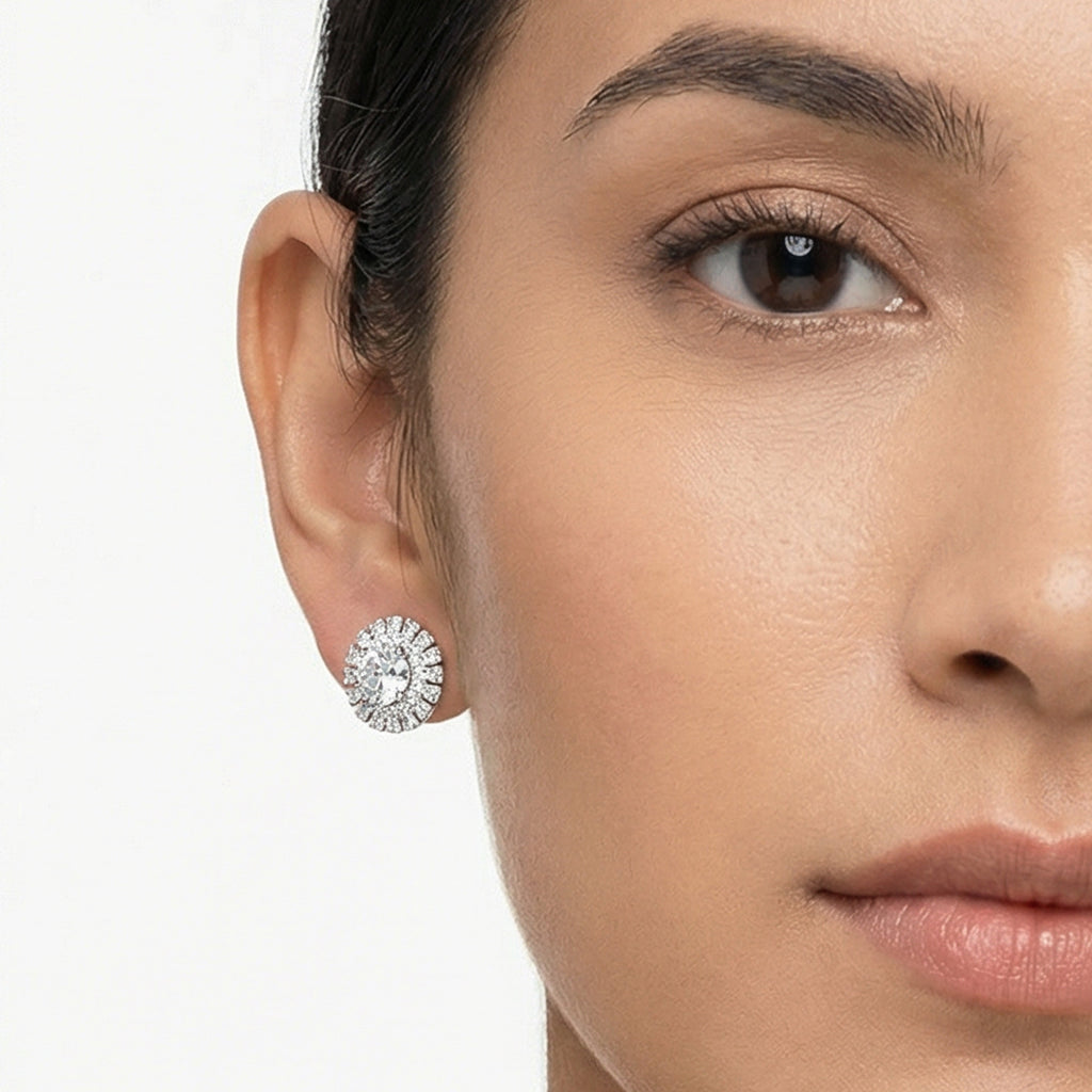 Round Halo Zircon Brass Stud Earrings
