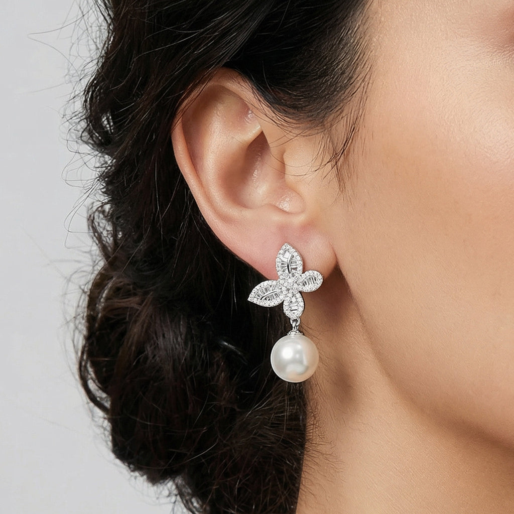 Zircon Butterfly Pearl Drop Earrings