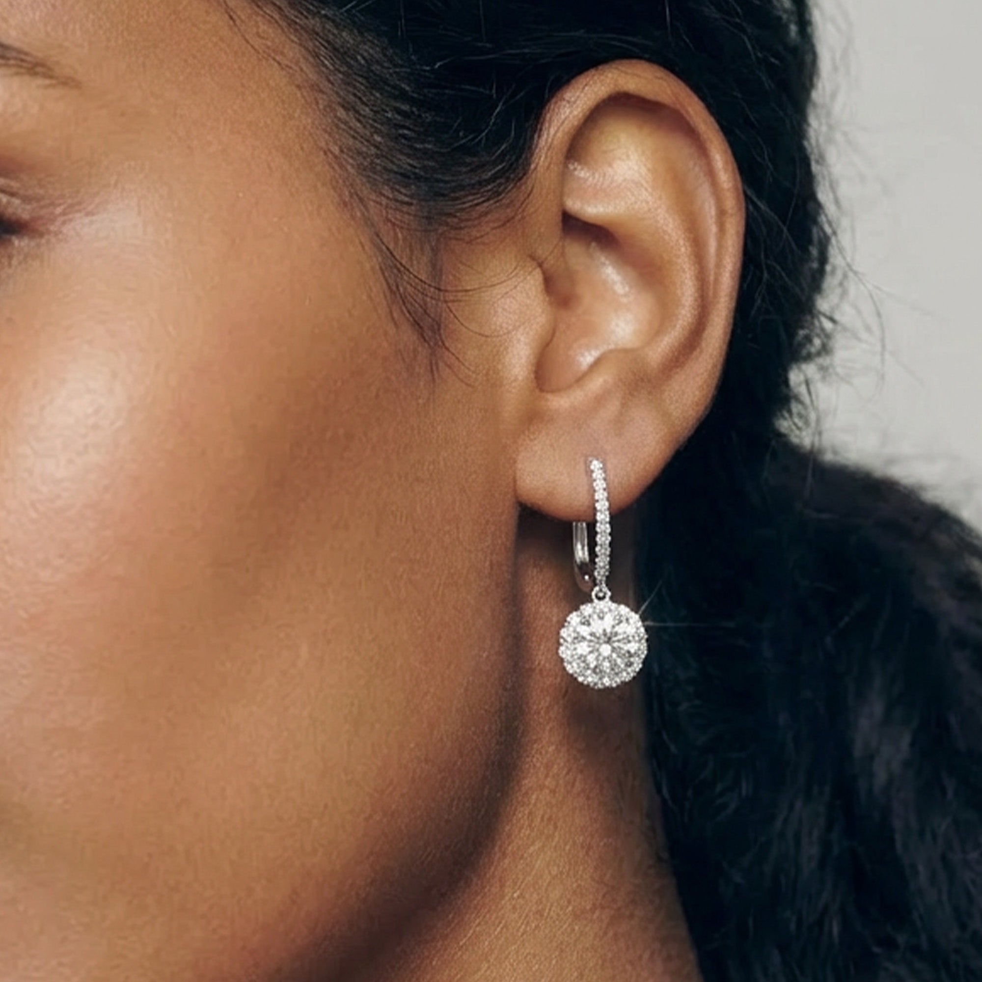 Round Halo Zircon Brass Drop Earrings